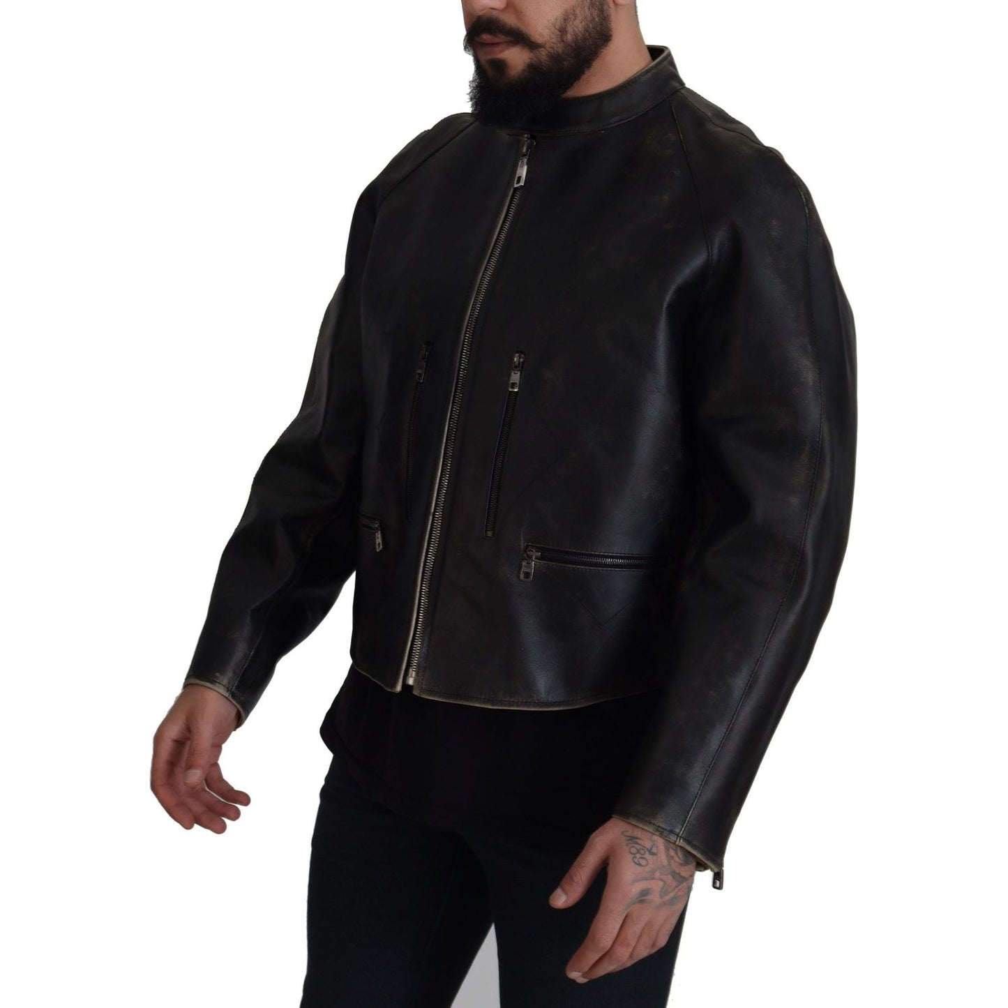 Dolce & Gabbana Elegant Black Leather Jacket with Silver Details Dolce & Gabbana Black