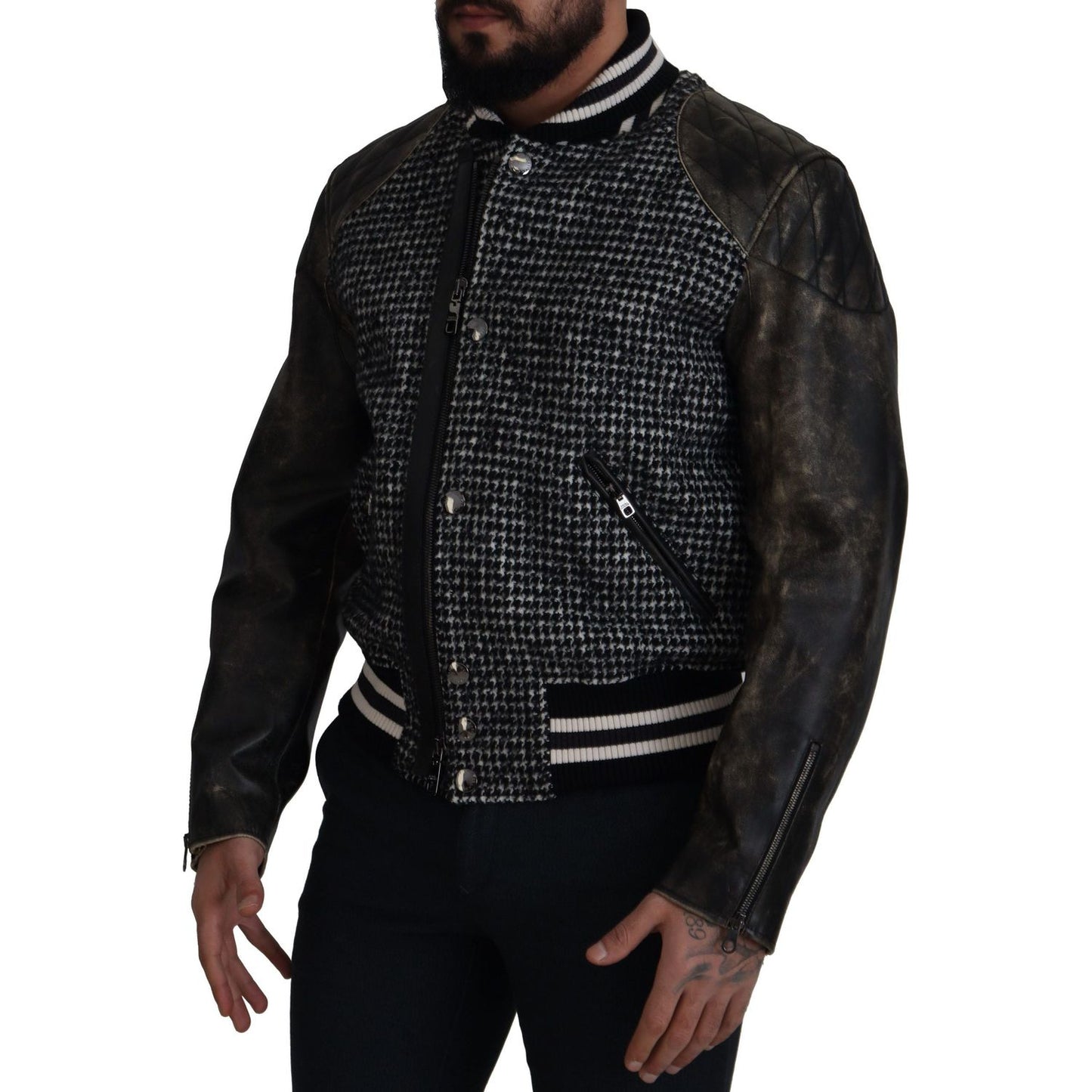 Dolce & Gabbana Multicolor Houndstooth Leather Bomber Jacket Dolce & Gabbana Black