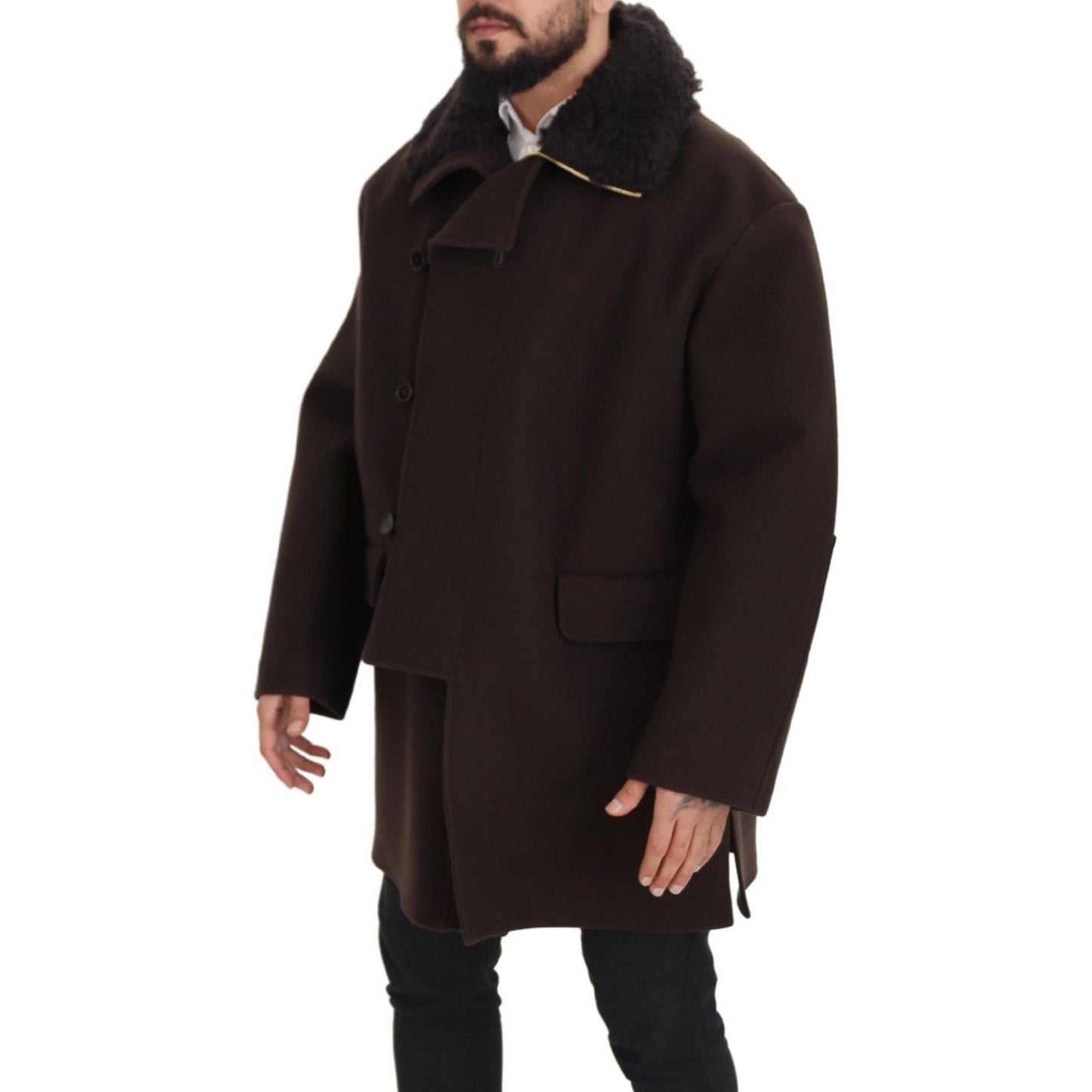 Dolce & Gabbana Elegant Dark Brown Shearling Coat Jacket Dolce & Gabbana Black