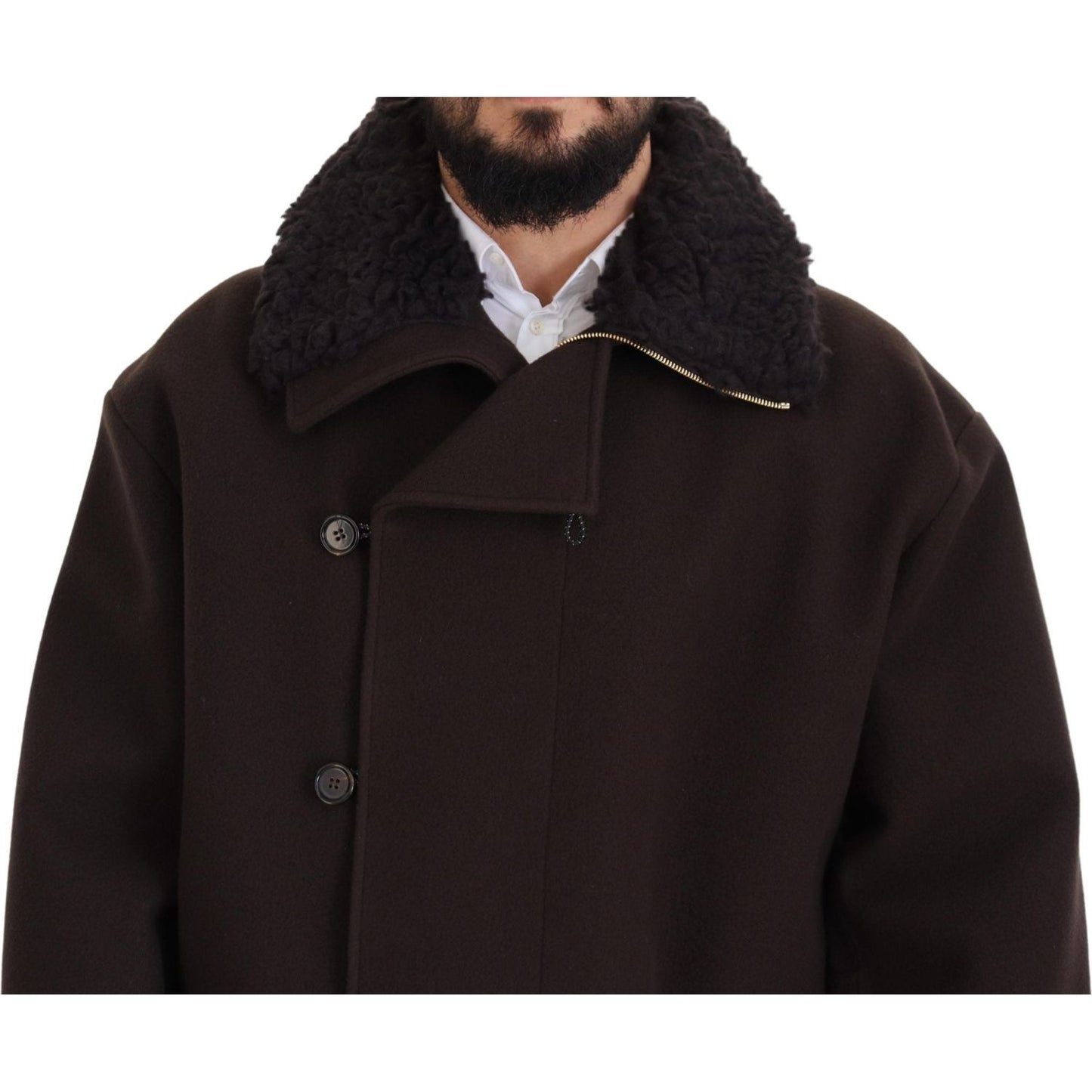 Dolce & Gabbana Elegant Dark Brown Shearling Coat Jacket Dolce & Gabbana Black