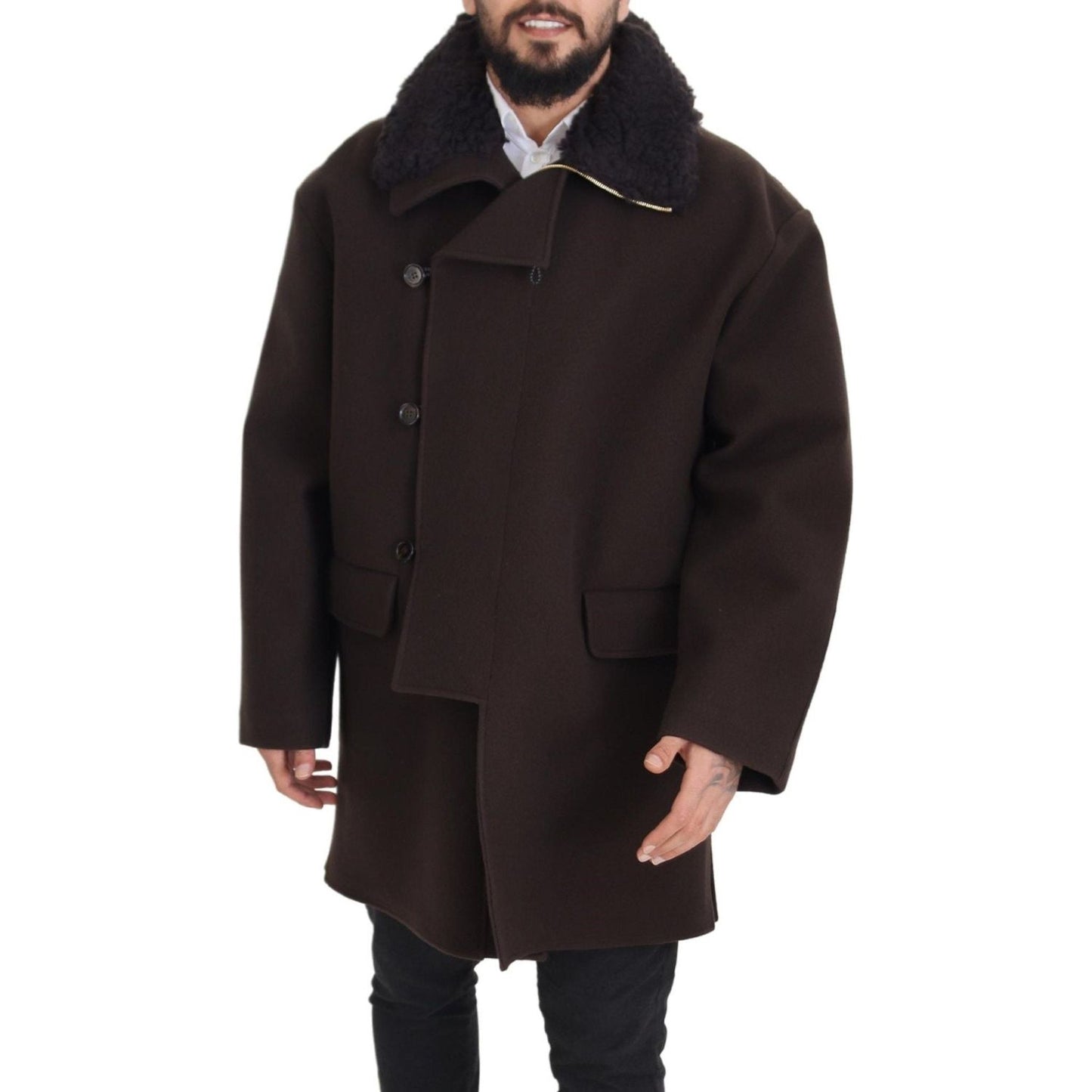 Dolce & Gabbana Elegant Dark Brown Shearling Coat Jacket Dolce & Gabbana Black