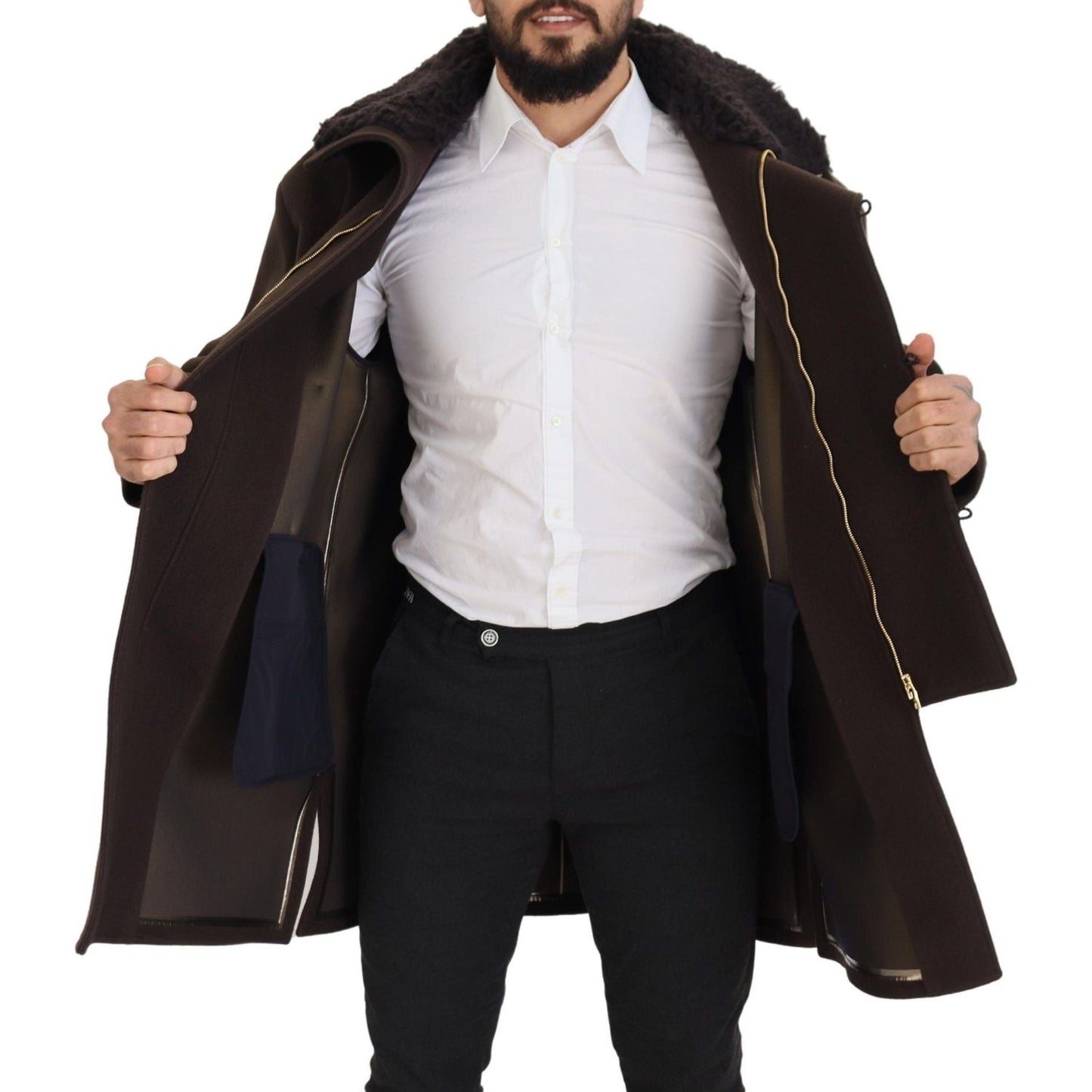 Dolce & Gabbana Elegant Dark Brown Shearling Coat Jacket Dolce & Gabbana Light Gray