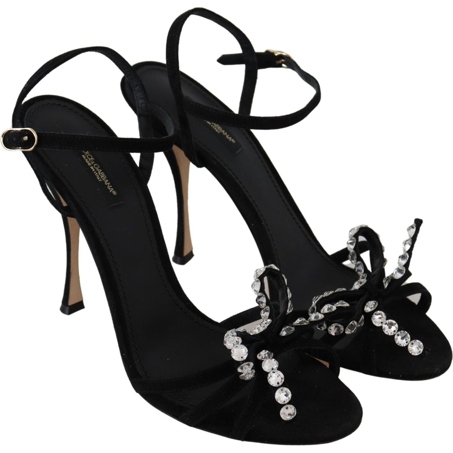 Dolce & Gabbana Elegant Suede High Sandals with Crystal Bows Dolce & Gabbana Black
