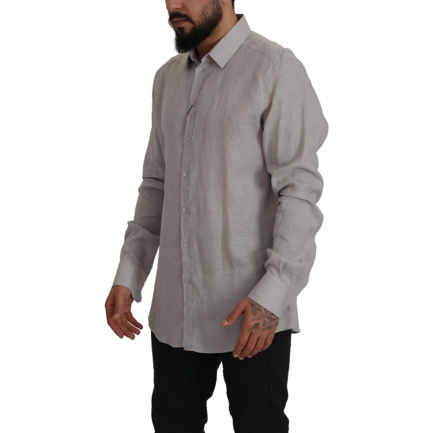 Dolce & Gabbana Elegant Grey Slim Fit Linen Shirt MAN SHIRTS Dolce & Gabbana Dim Gray