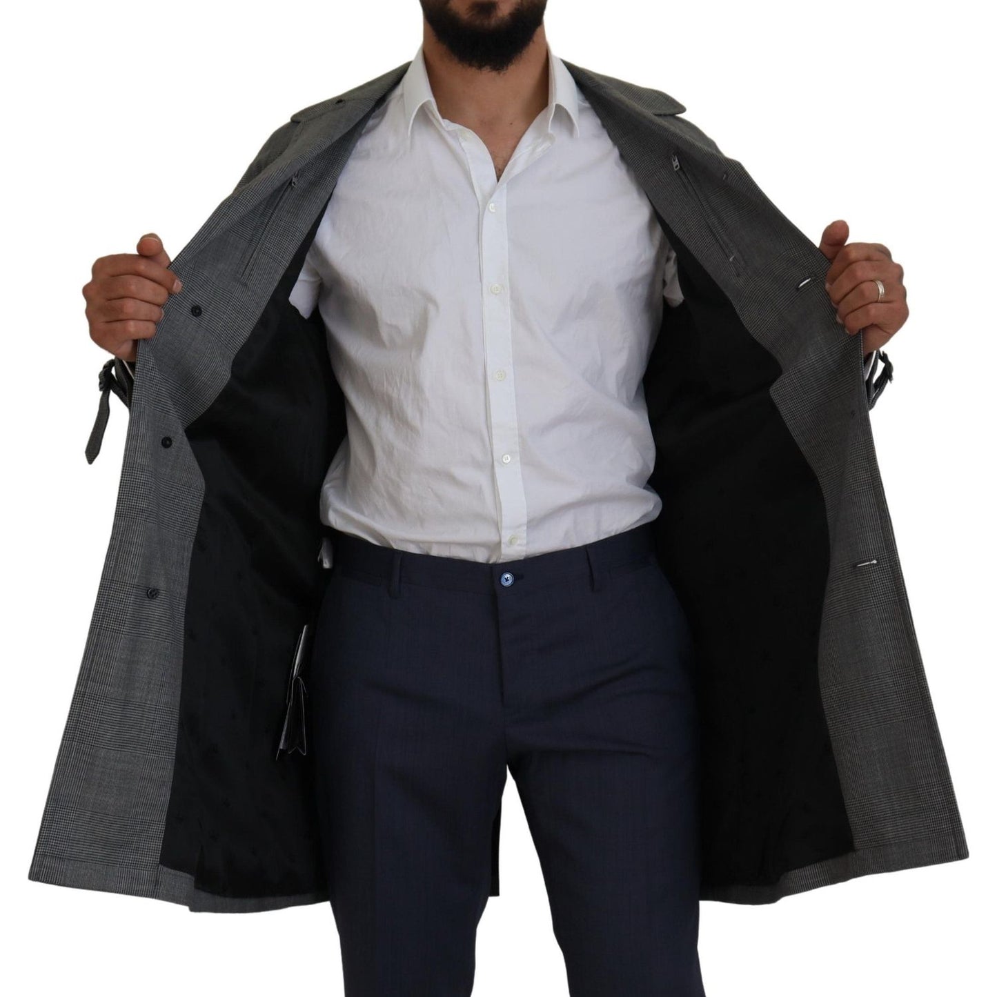 Dolce & Gabbana Elegant Gray Plaid Trench Coat Dolce & Gabbana Gray