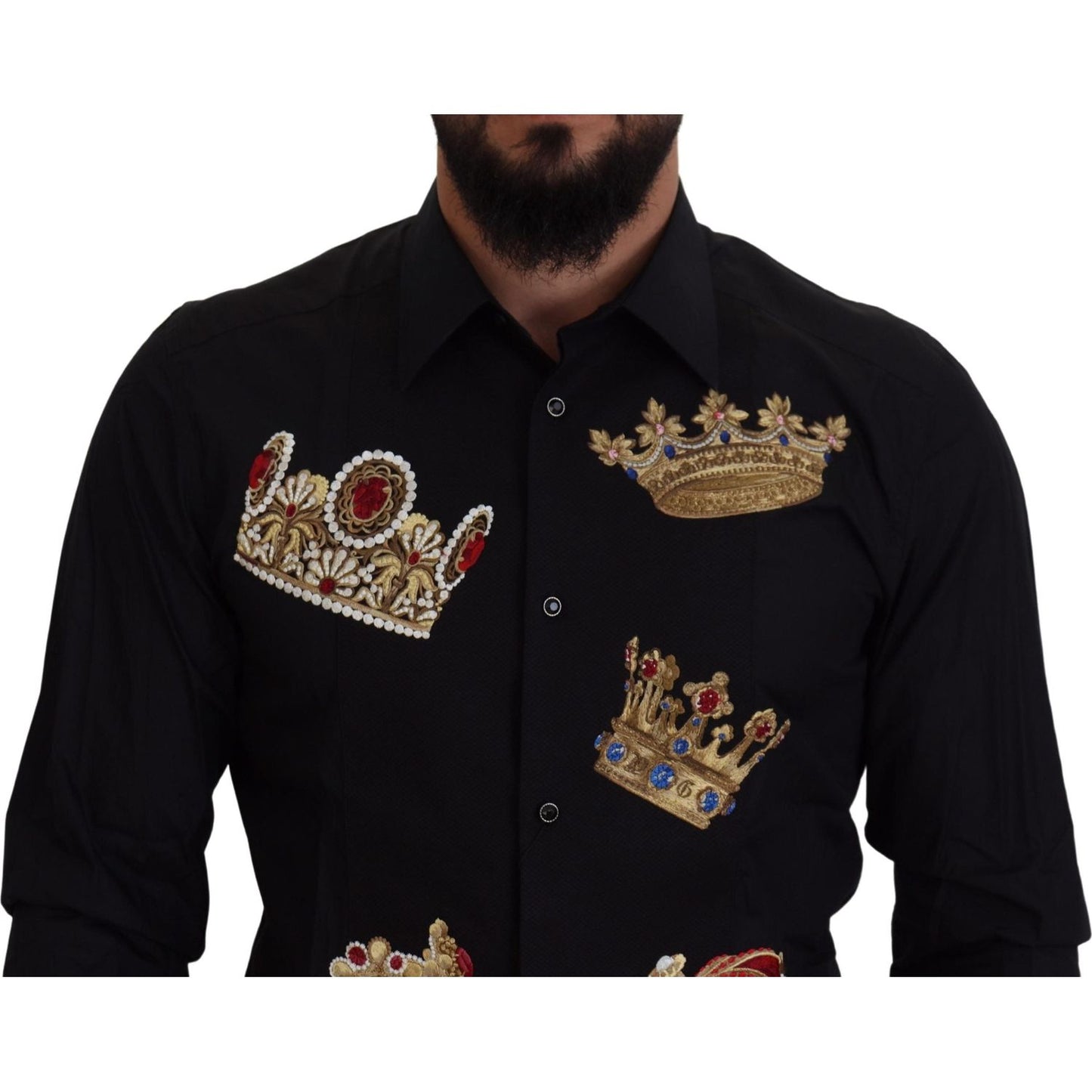 Dolce & Gabbana Elegant Black Slim Fit Dress Shirt with Crown Embroidery Dolce & Gabbana Black