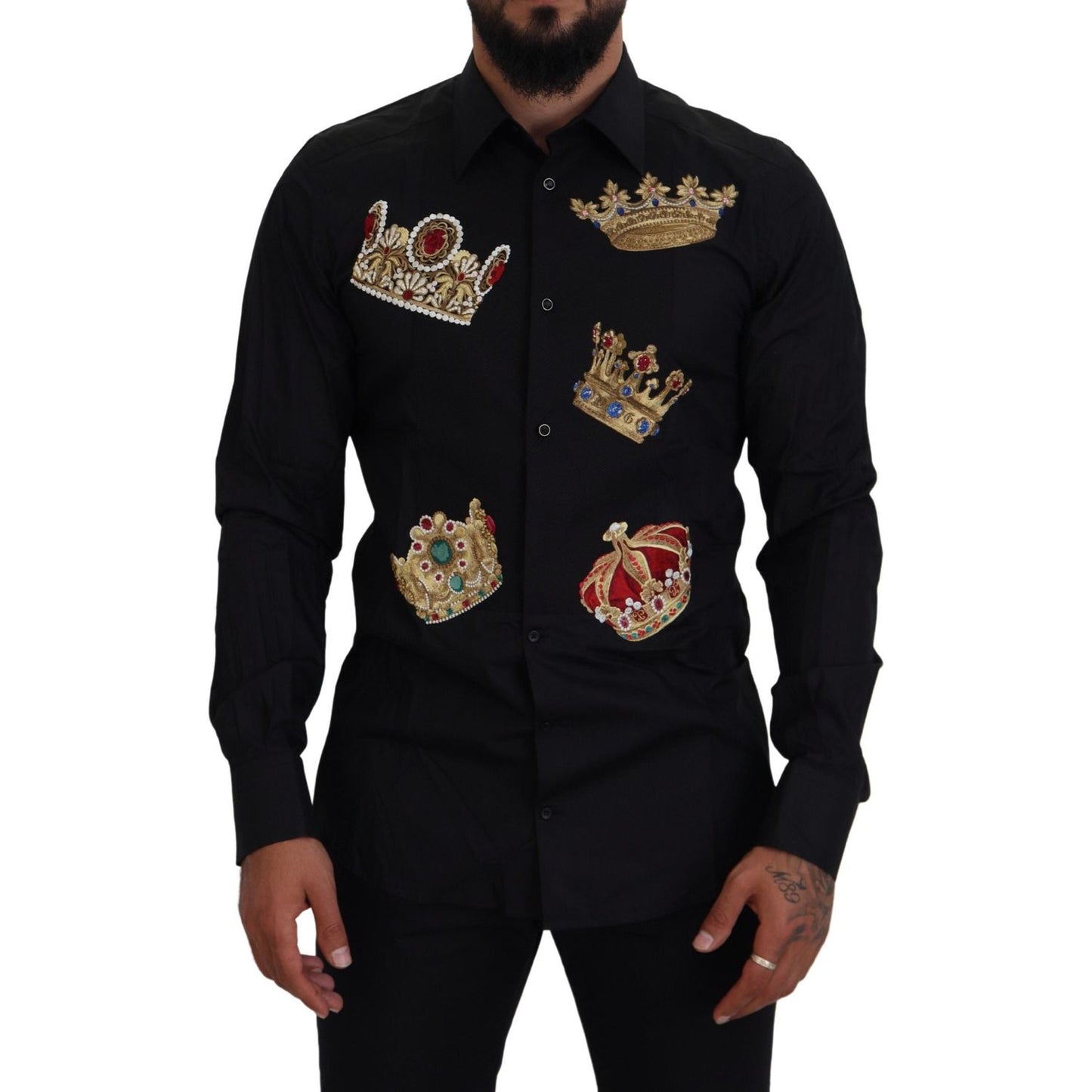 Dolce & Gabbana Elegant Black Slim Fit Dress Shirt with Crown Embroidery Dolce & Gabbana Black