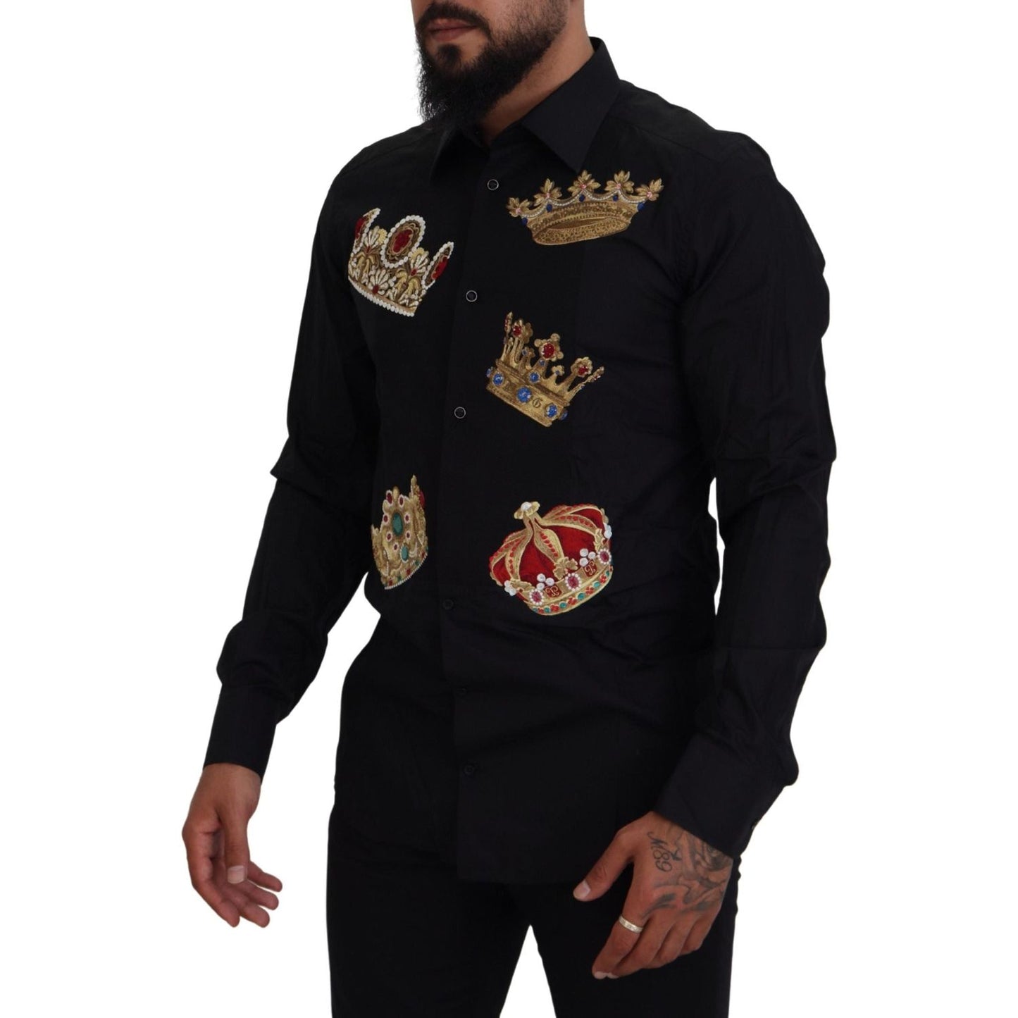 Dolce & Gabbana Elegant Black Slim Fit Dress Shirt with Crown Embroidery Dolce & Gabbana Black