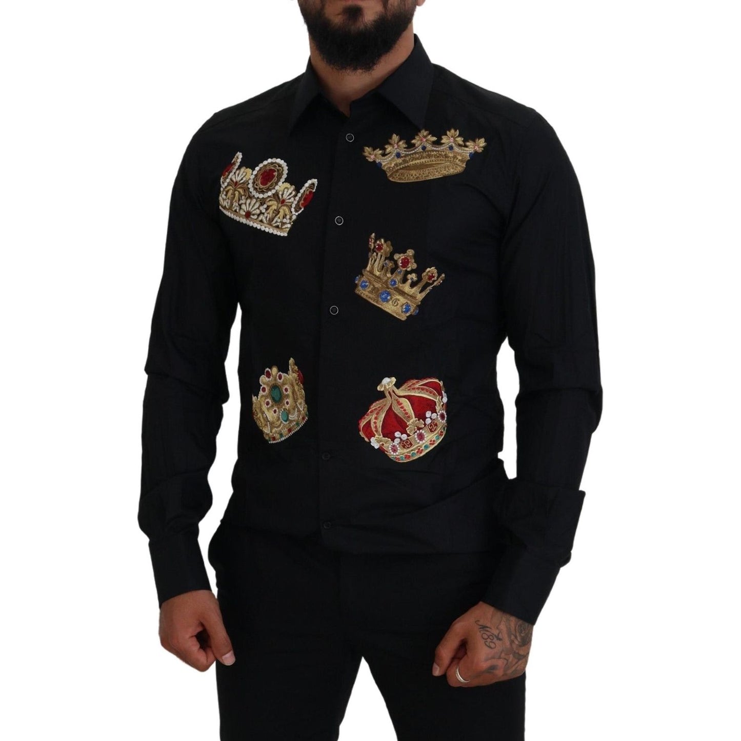 Dolce & Gabbana Elegant Black Slim Fit Dress Shirt with Crown Embroidery Dolce & Gabbana Black