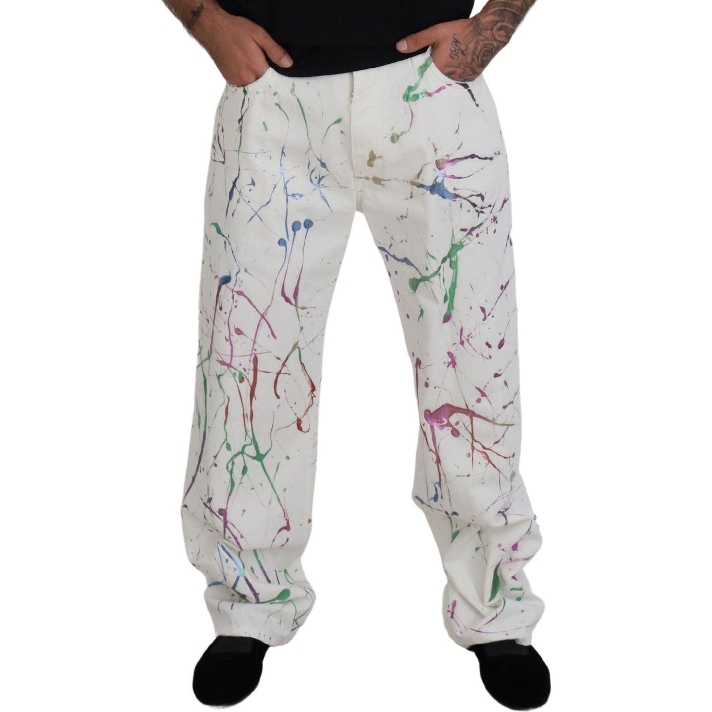 Dolce & Gabbana Chic White Splash Print Denim Pants Dolce & Gabbana Gray