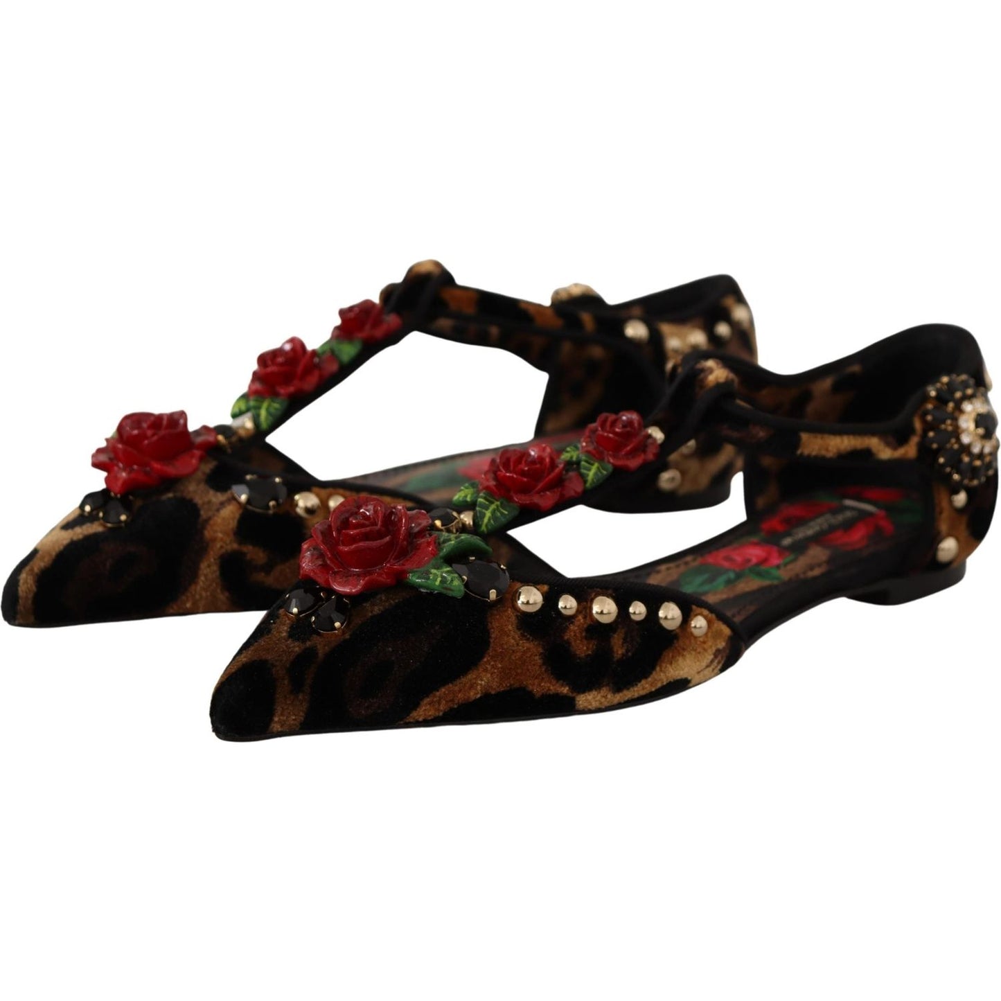 Dolce & Gabbana Floral Embellished Leopard T-Strap Sandals Dolce & Gabbana Black