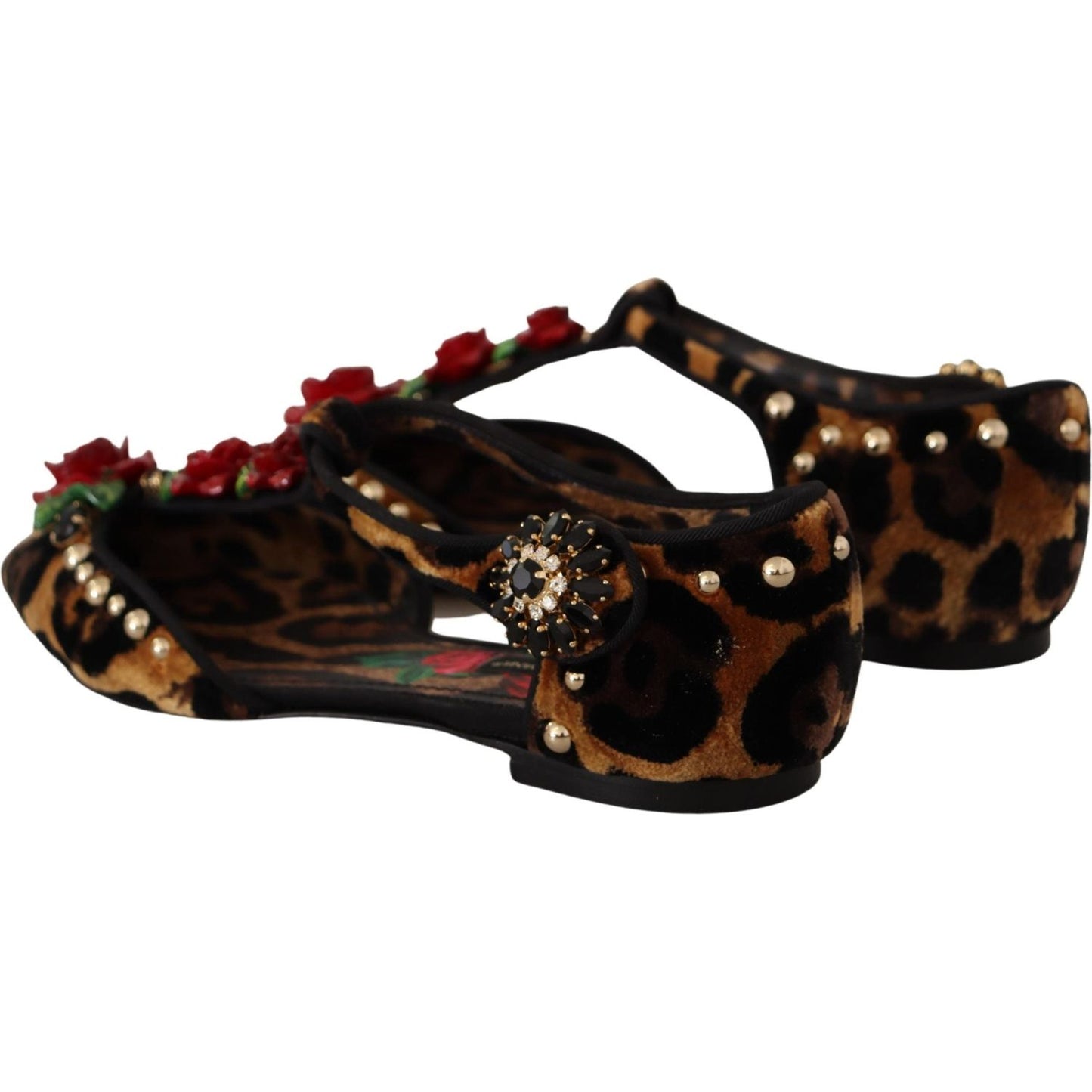 Dolce & Gabbana Floral Embellished Leopard T-Strap Sandals Dolce & Gabbana Black