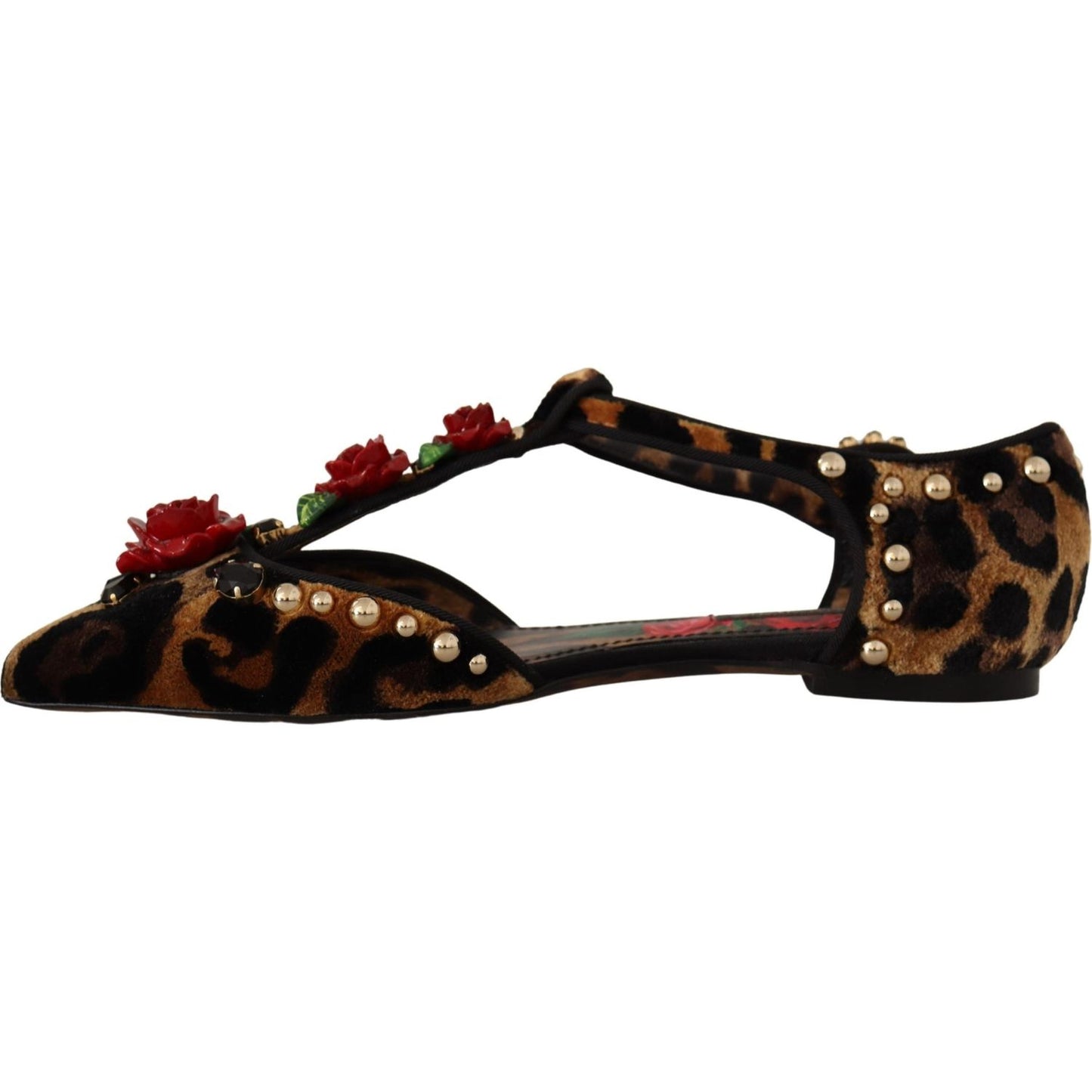 Dolce & Gabbana Floral Embellished Leopard T-Strap Sandals Dolce & Gabbana Black