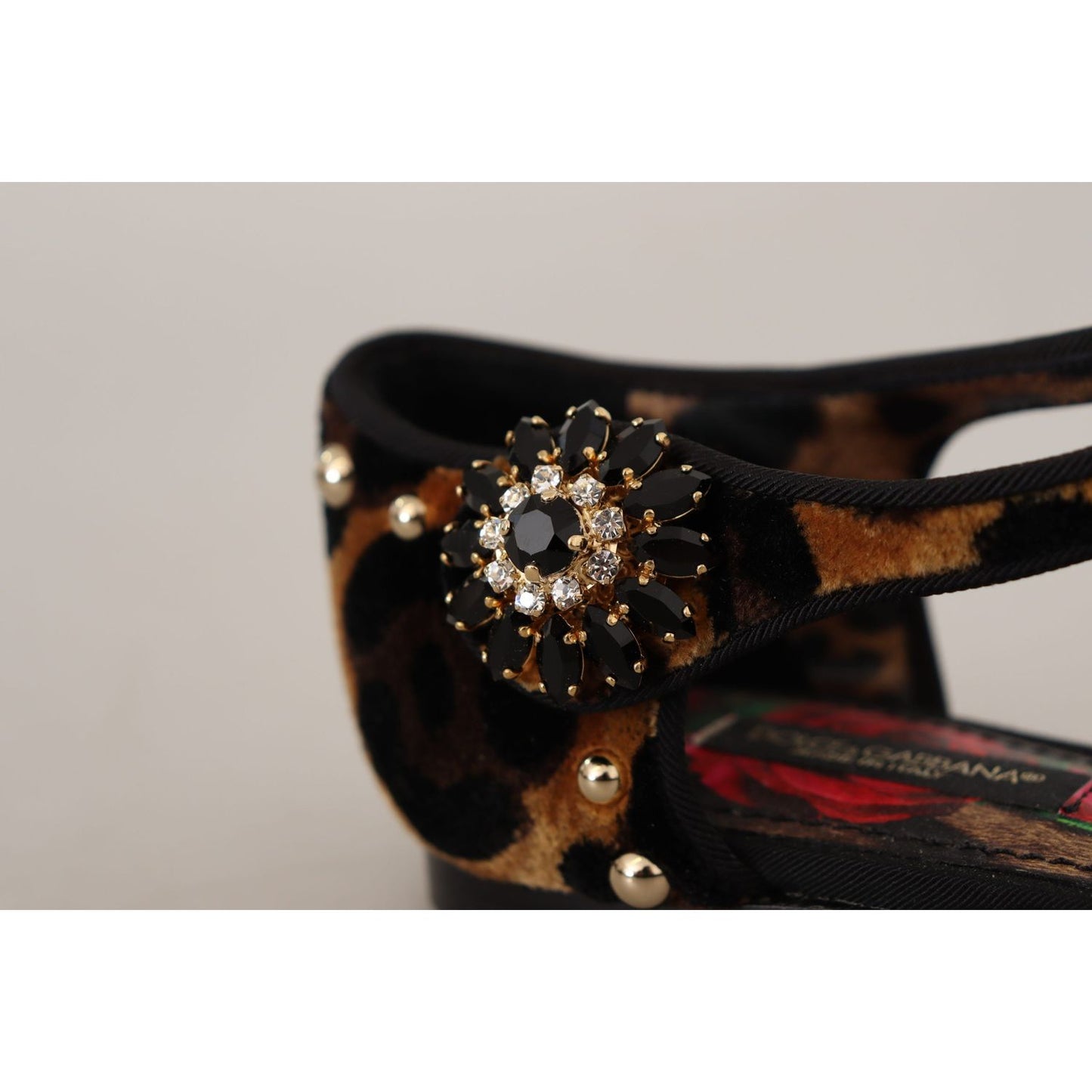 Dolce & Gabbana Floral Embellished Leopard T-Strap Sandals Dolce & Gabbana Black