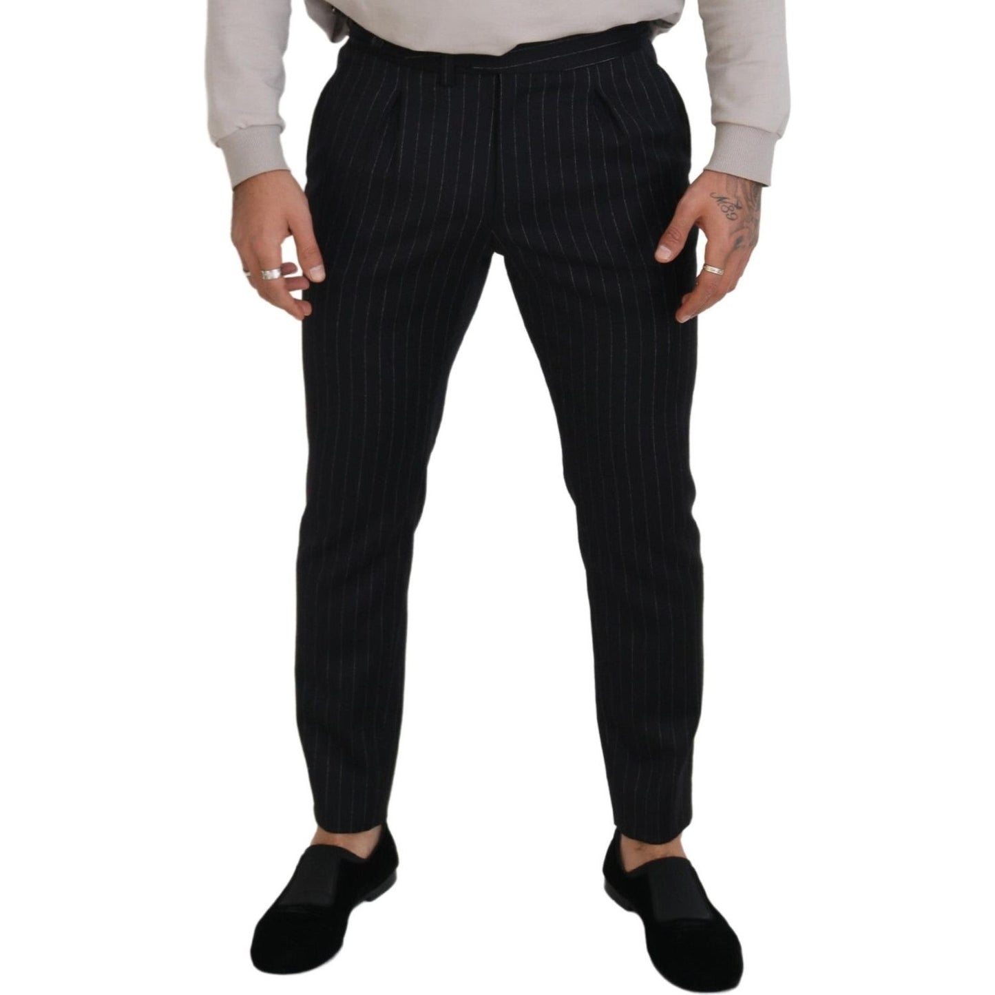 Dolce & Gabbana Elegant Black Striped Wool Blend Trousers Dolce & Gabbana Dark Gray