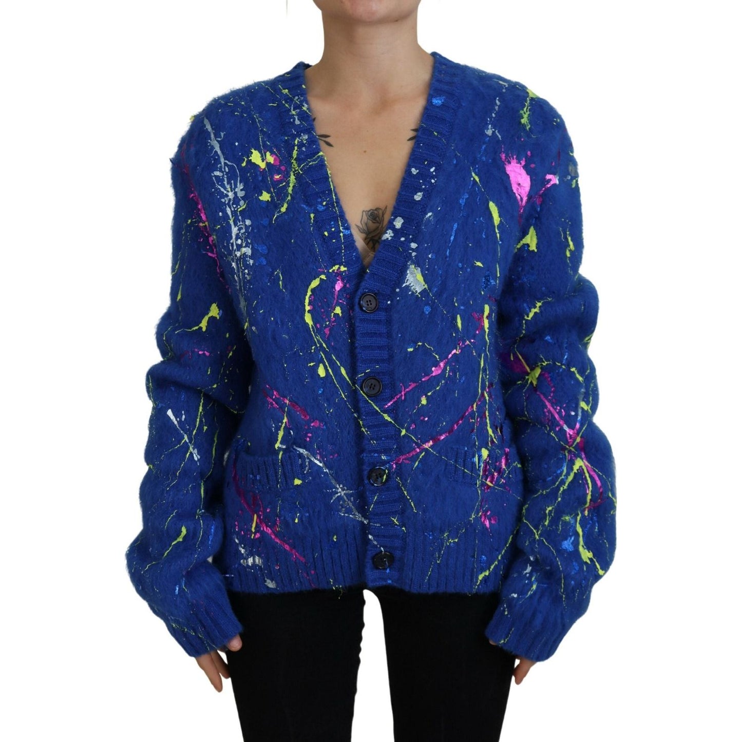Dolce & Gabbana Elegant Multicolor Splash Mohair Cardigan Dolce & Gabbana Midnight Blue