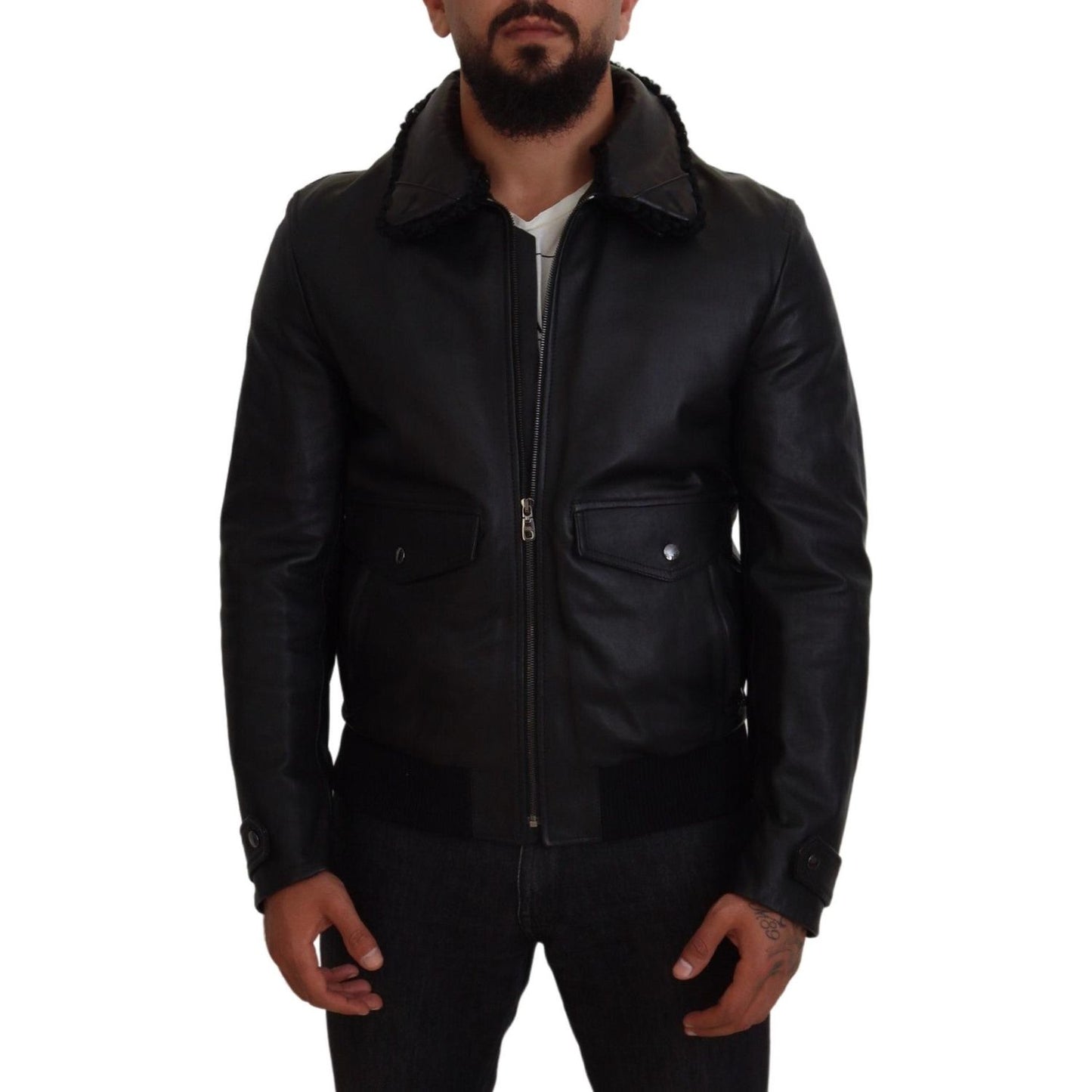 Dolce & Gabbana Black Lamb Leather Collared Men Coat Jacket JKT3596-52