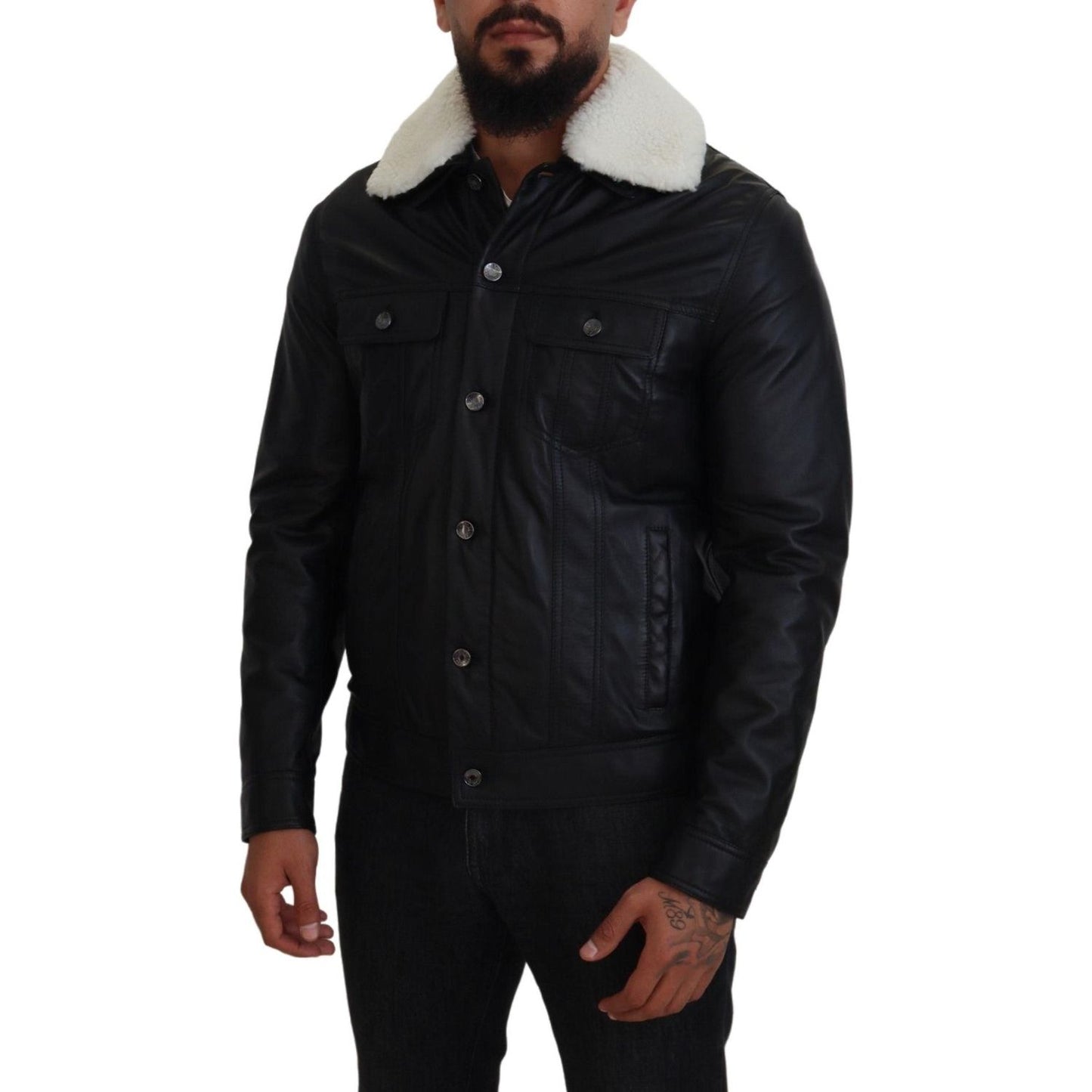 Dolce & Gabbana Elegant Black Leather Bomber Jacket Dolce & Gabbana Black