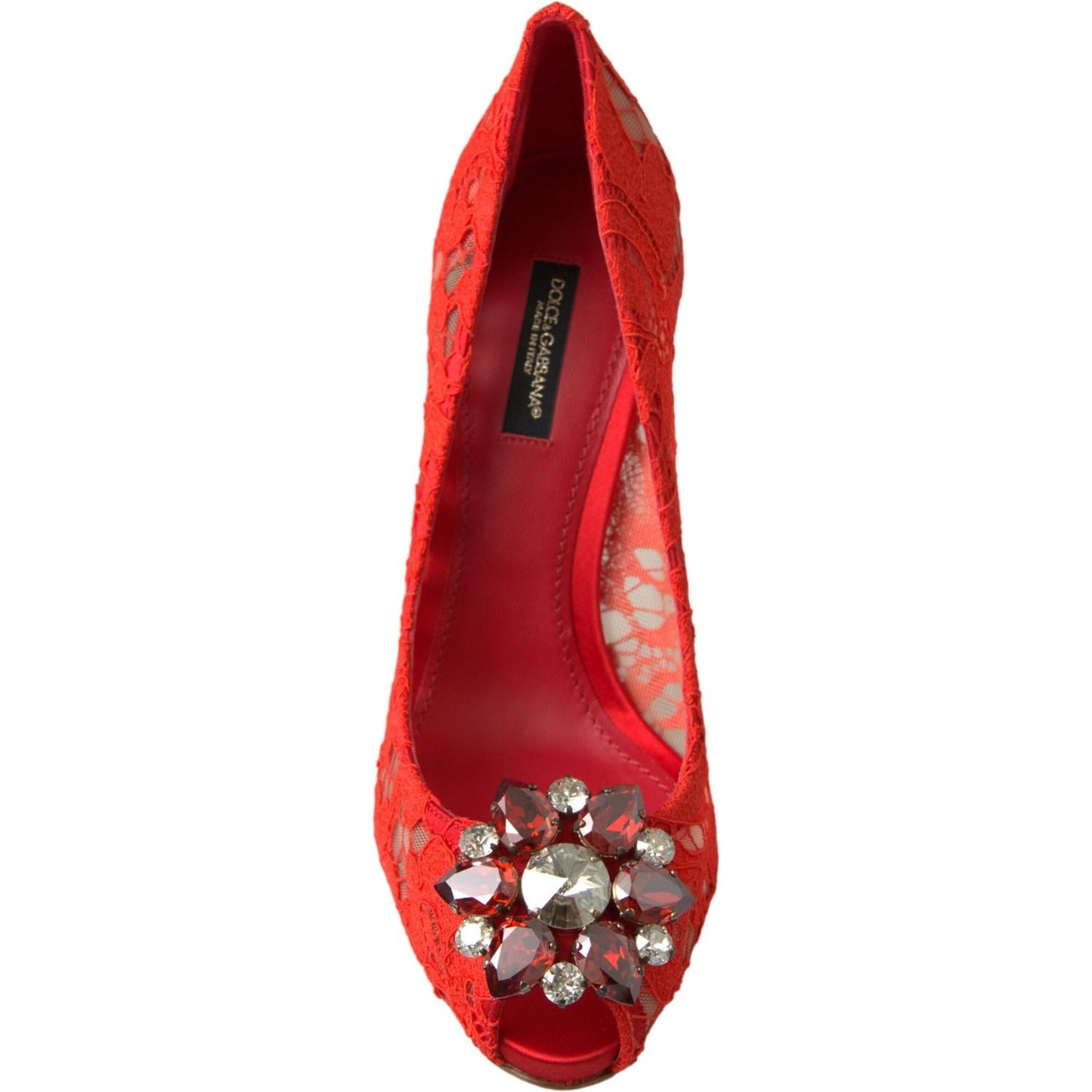 Dolce & Gabbana Chic Red Lace Heels with Crystal Embellishment Dolce & Gabbana Brown