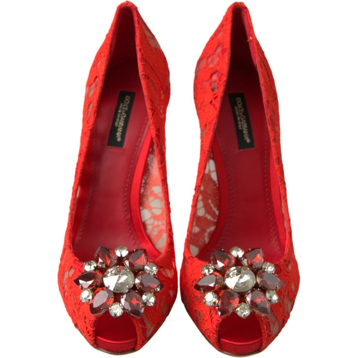Dolce & Gabbana Chic Red Lace Heels with Crystal Embellishment Dolce & Gabbana Brown