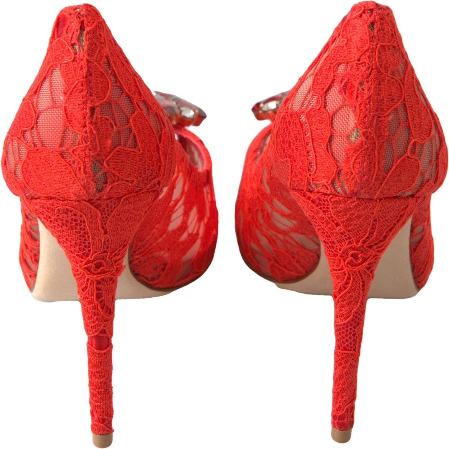 Dolce & Gabbana Chic Red Lace Heels with Crystal Embellishment Dolce & Gabbana Firebrick