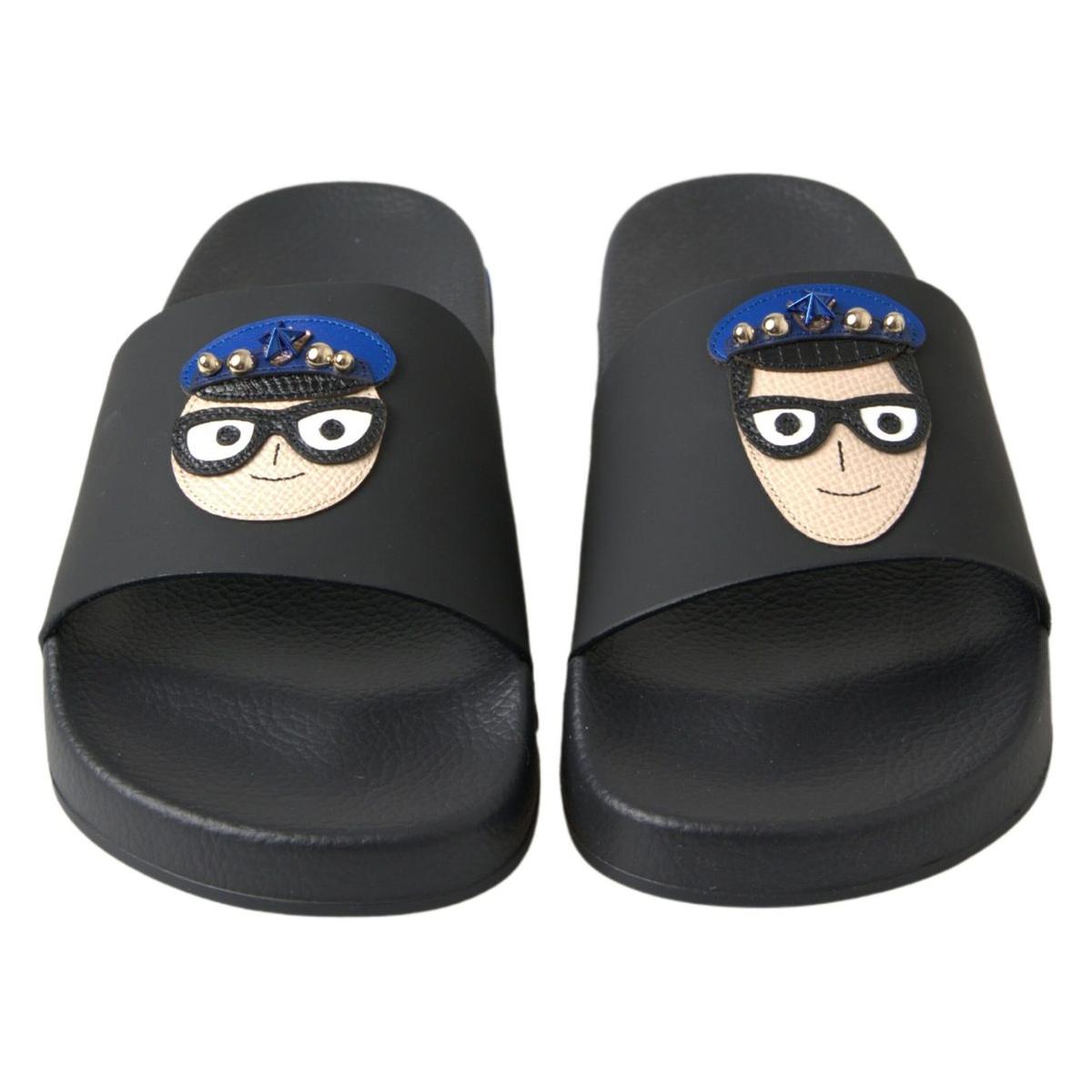 Dolce & Gabbana Elegant Black Leather Slide Sandals Dolce & Gabbana Dark Slate Gray