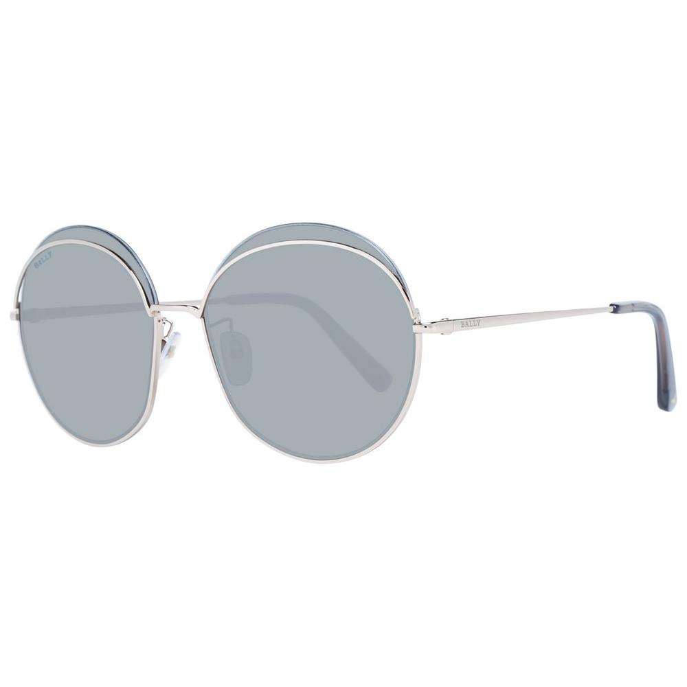 Bally women's round rose gold sunglasses with grey plastic lenses and metal half-rim frame. 100% UVA & UVB protection.