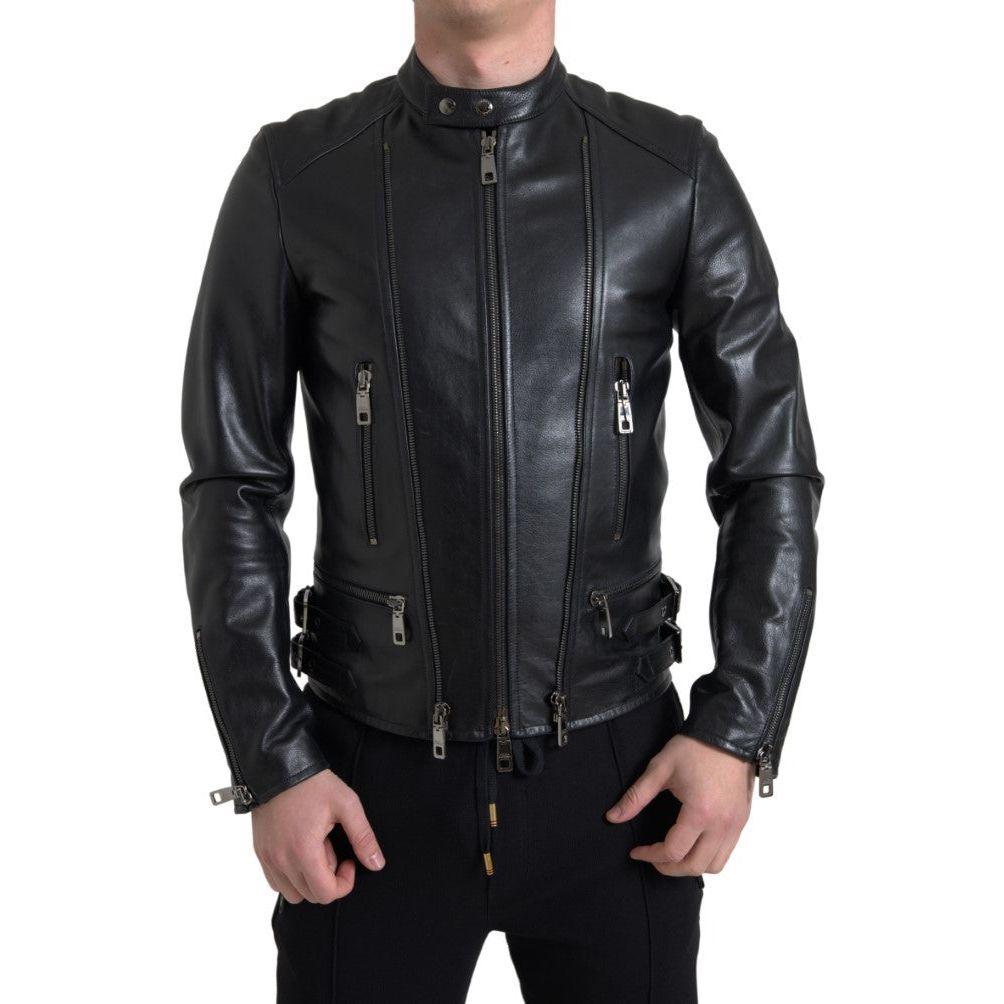 Dolce & Gabbana Sleek Black Leather Biker Jacket Dolce & Gabbana Dark Slate Gray
