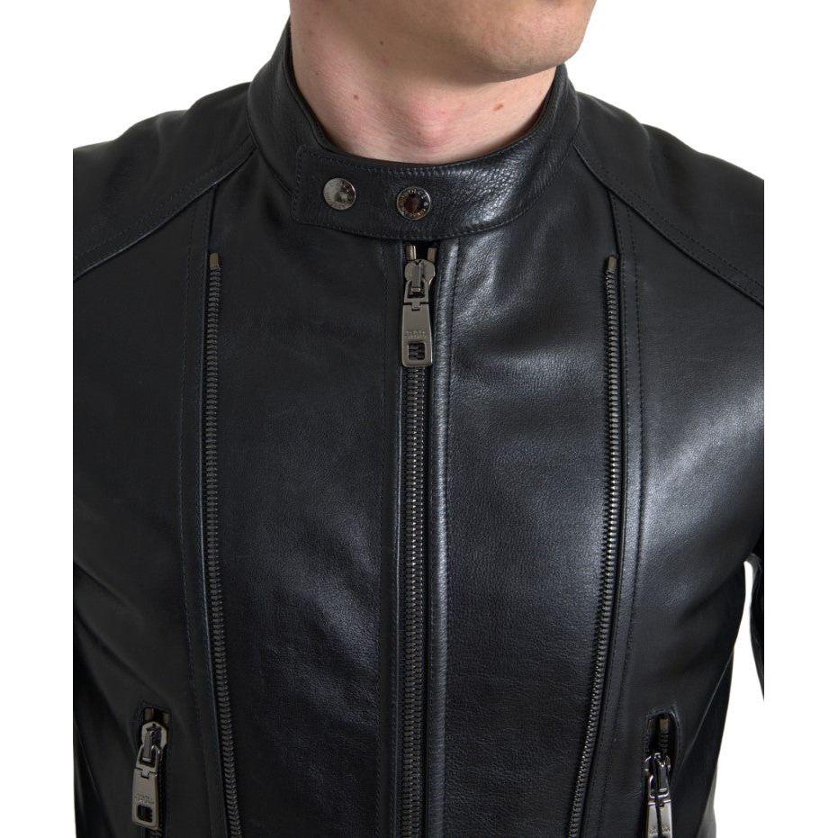 Dolce & Gabbana Sleek Black Leather Biker Jacket Dolce & Gabbana Dark Slate Gray