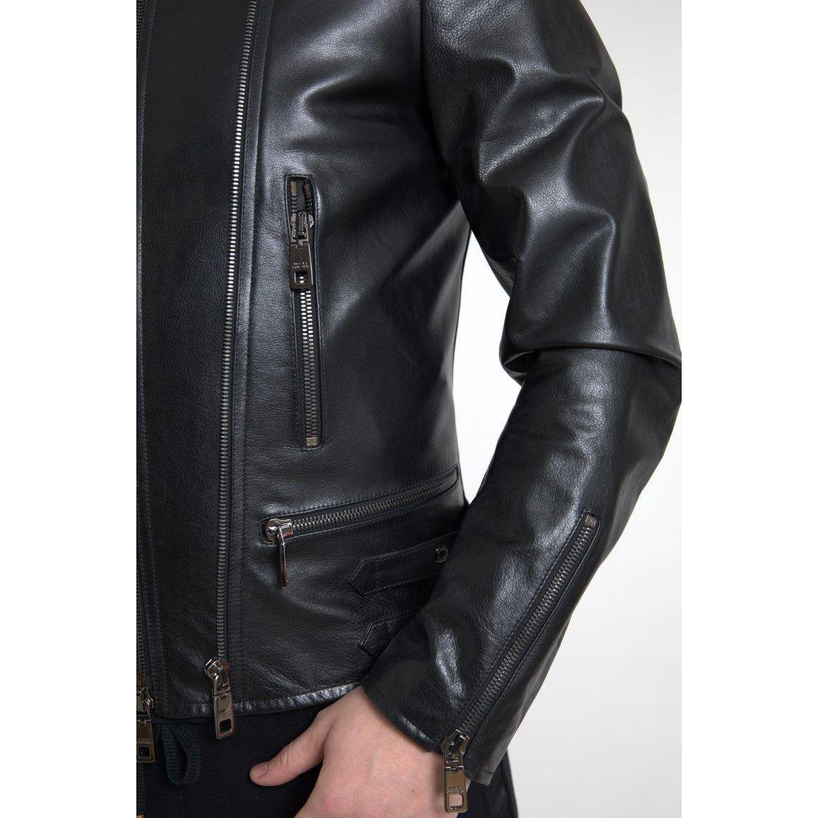 Dolce & Gabbana Sleek Black Leather Biker Jacket Dolce & Gabbana Dark Slate Gray