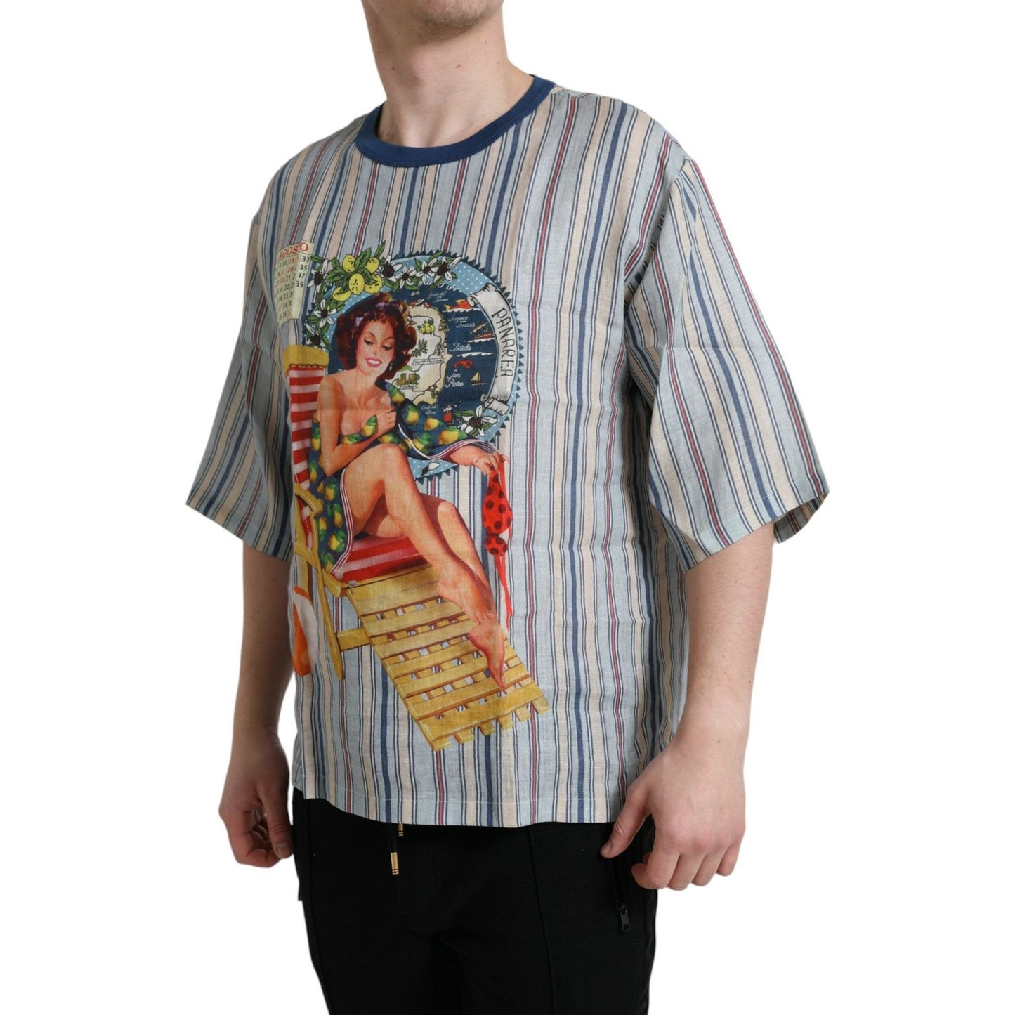 Dolce & Gabbana Elegant Linen T-Shirt with AGOSTO Motif Dolce & Gabbana Dark Gray