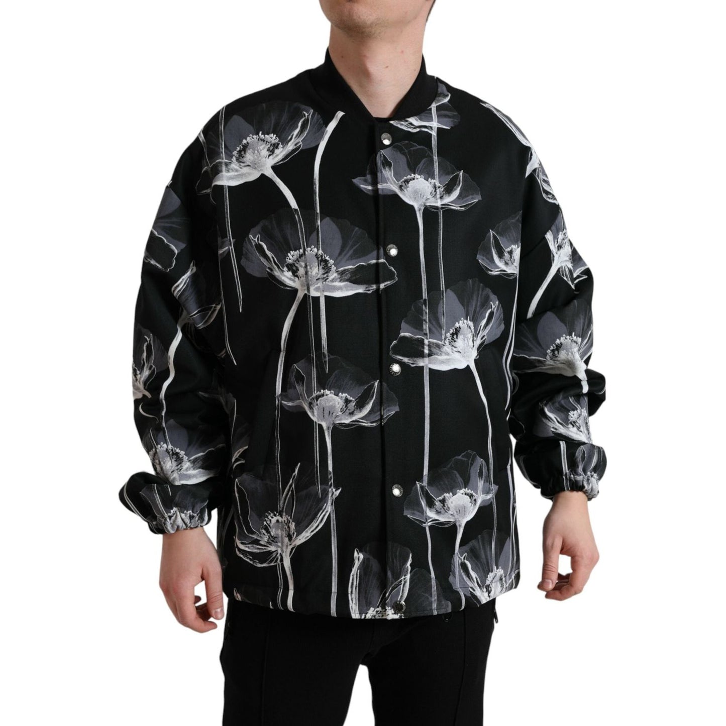 Dolce & Gabbana Elegant Floral-Print Bomber Jacket Dolce & Gabbana Dark Gray