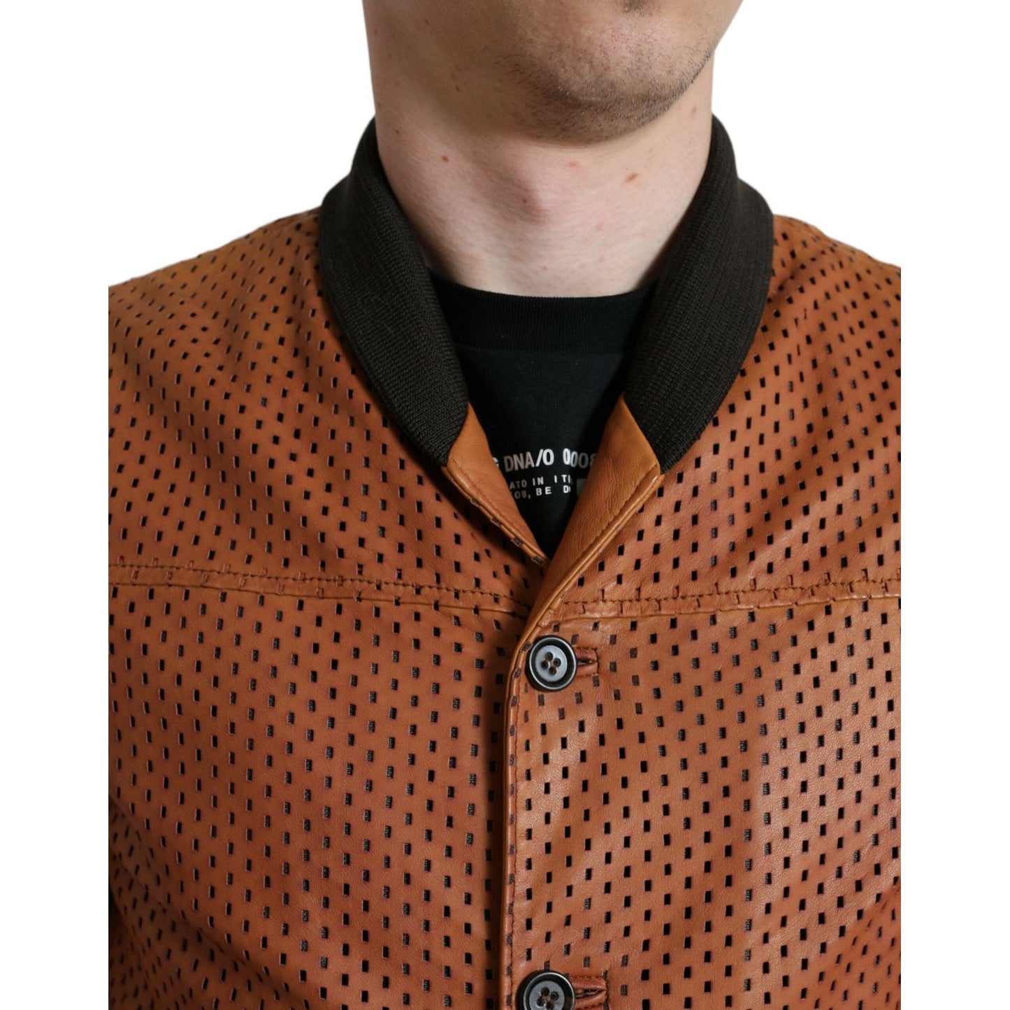 Dolce & Gabbana Elegant Leather Perforated Bomber Jacket Dolce & Gabbana Sienna