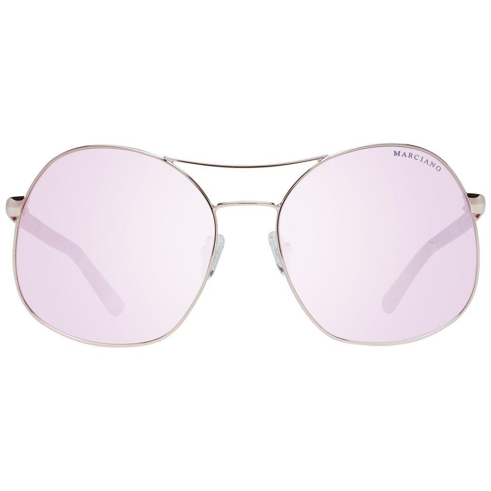 Marciano by Guess rose gold women's sunglasses with oval mirrored lenses, metal frame, and branded case included.