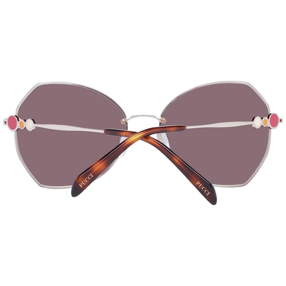 Emilio Pucci rose gold butterfly sunglasses for women with brown lenses and metal frame, style includes branded case, 100% UVA & UVB protection.