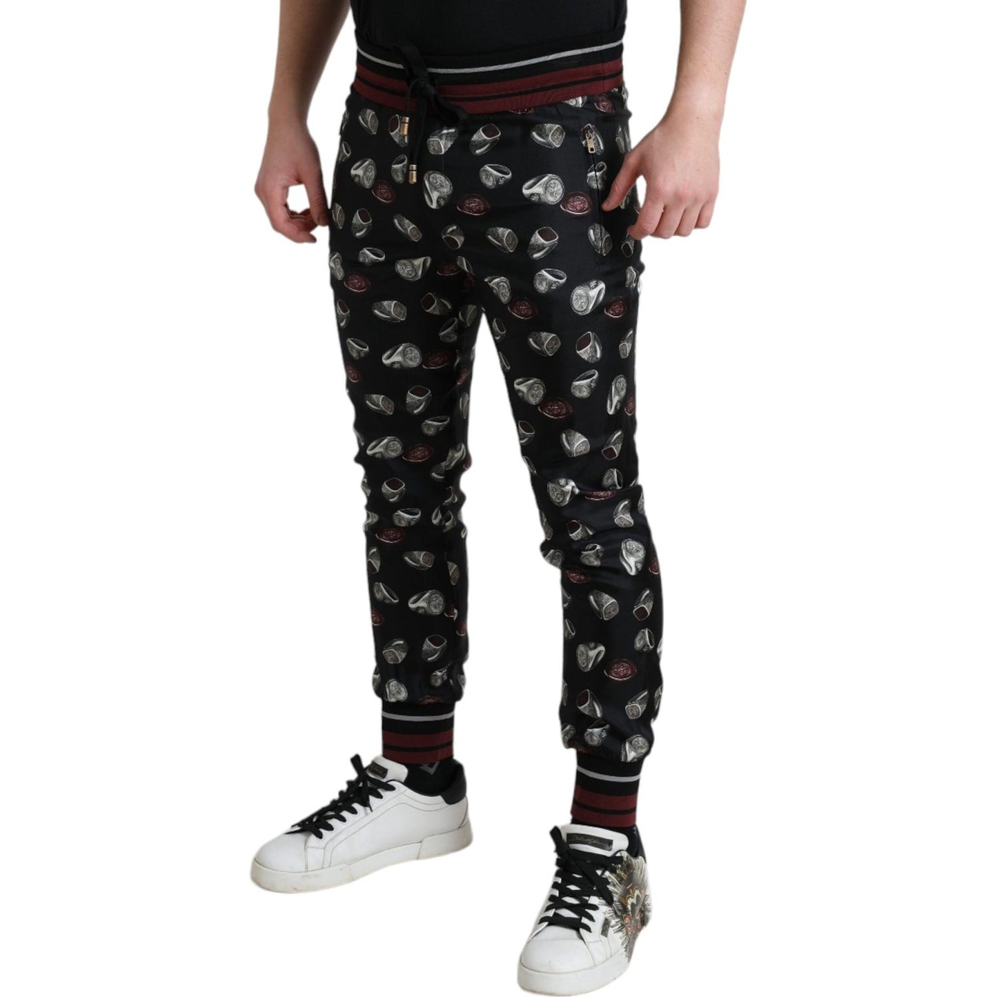 Dolce & Gabbana Elegant Silk Jogging Trousers with Ring Print Dolce & Gabbana Gray