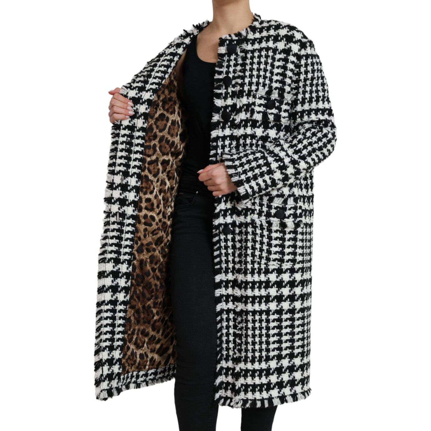 Dolce & Gabbana Elegant Houndstooth Long Trench Coat Dolce & Gabbana Gray