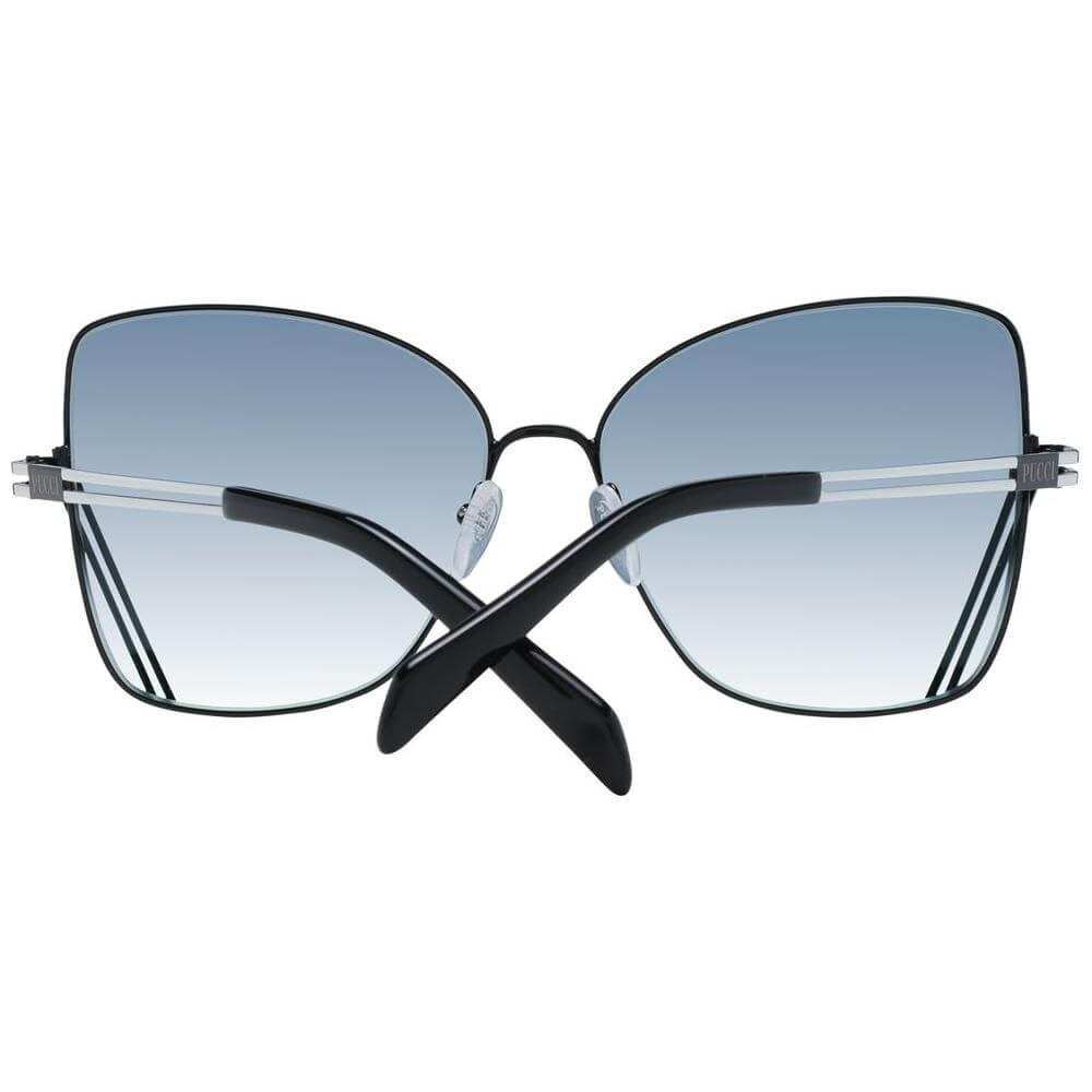 Emilio Pucci black women's sunglasses with full-rim metal frame, gradient grey lenses, butterfly style, and UVA & UVB protection.