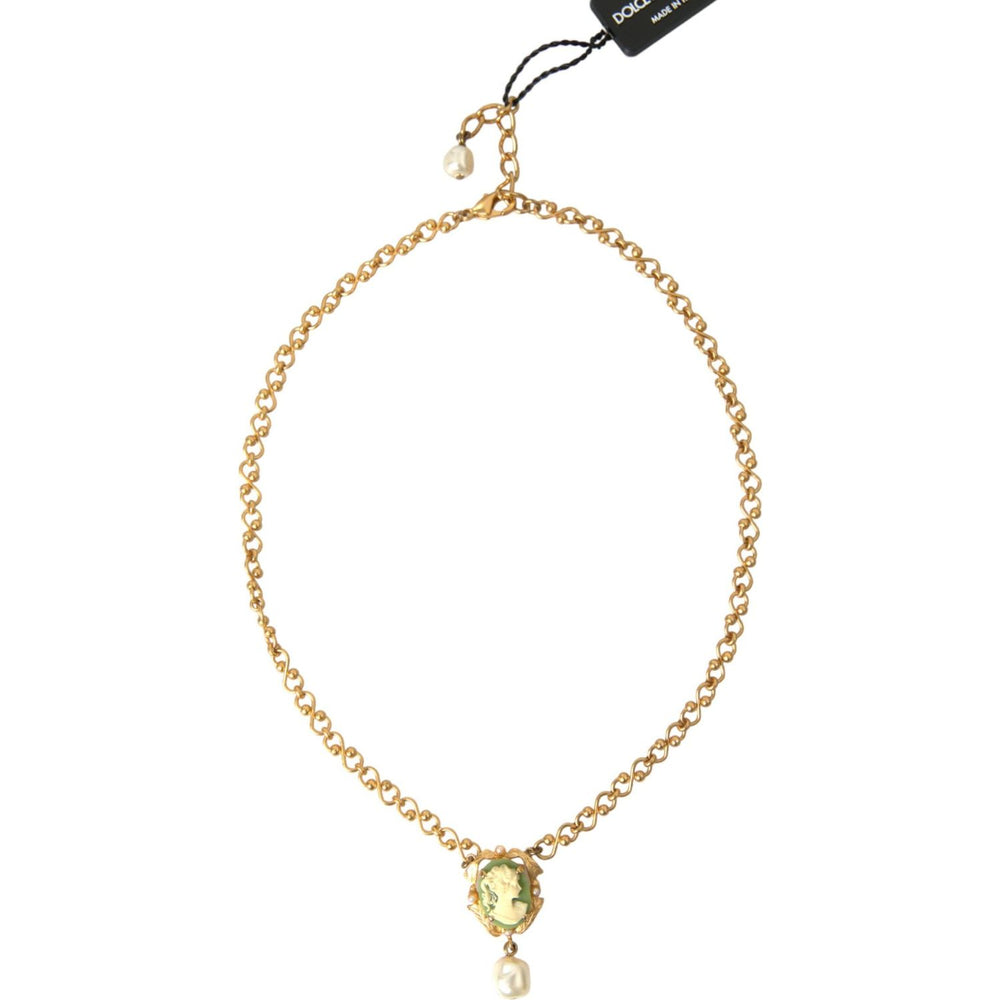 Dolce & Gabbana Gold Brass Chain Pearl Pendant Charm Necklace Necklace Dolce & Gabbana Antique White