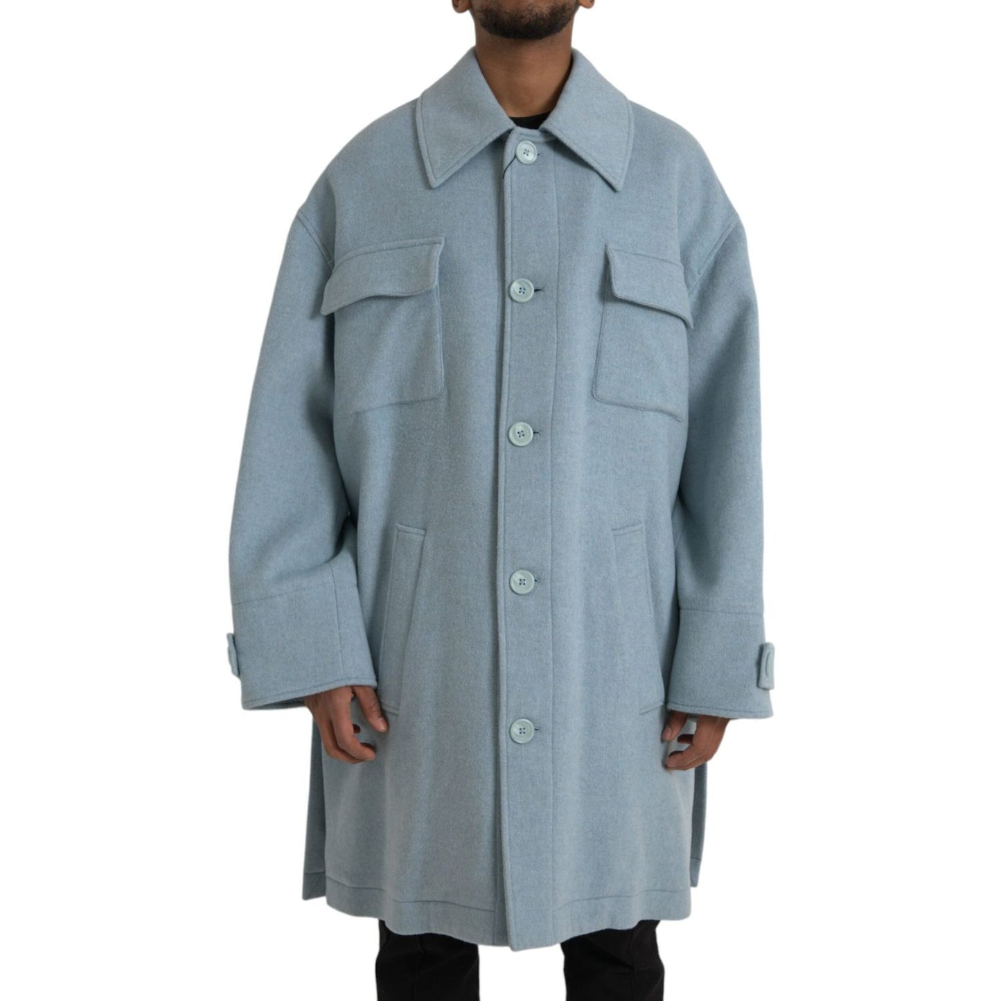 Dolce & Gabbana Light Blue Wool Button Trench Coat Jacket Dolce & Gabbana Light Slate Gray