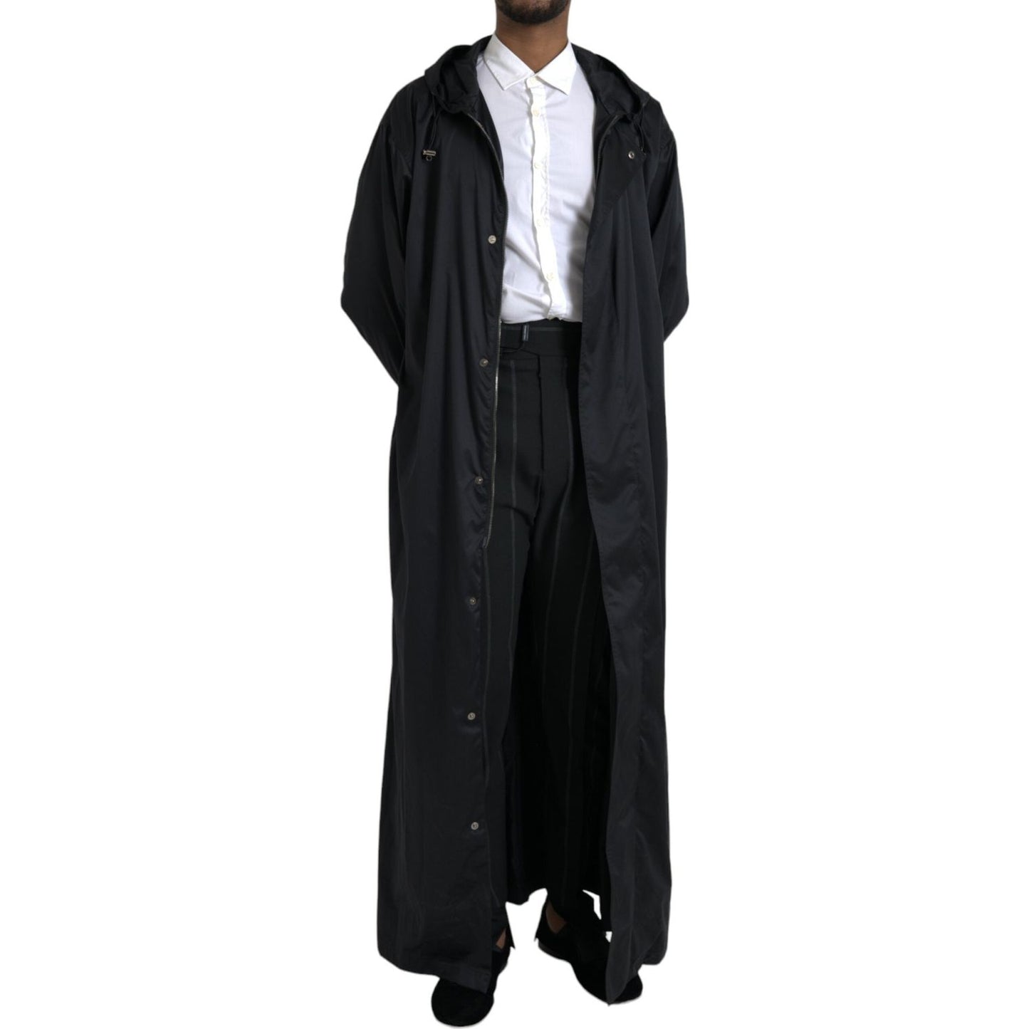 Dolce & Gabbana Black Polyester Hooded Long Windbreaker Jacket Dolce & Gabbana Black