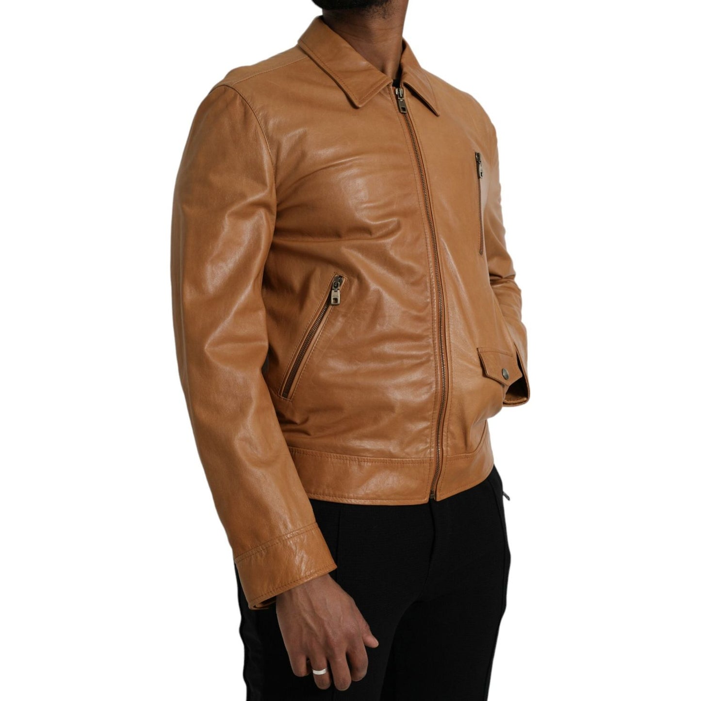 Dolce & Gabbana Brown Lamb Leather Full Zip Blouson Jacket Dolce & Gabbana Sienna