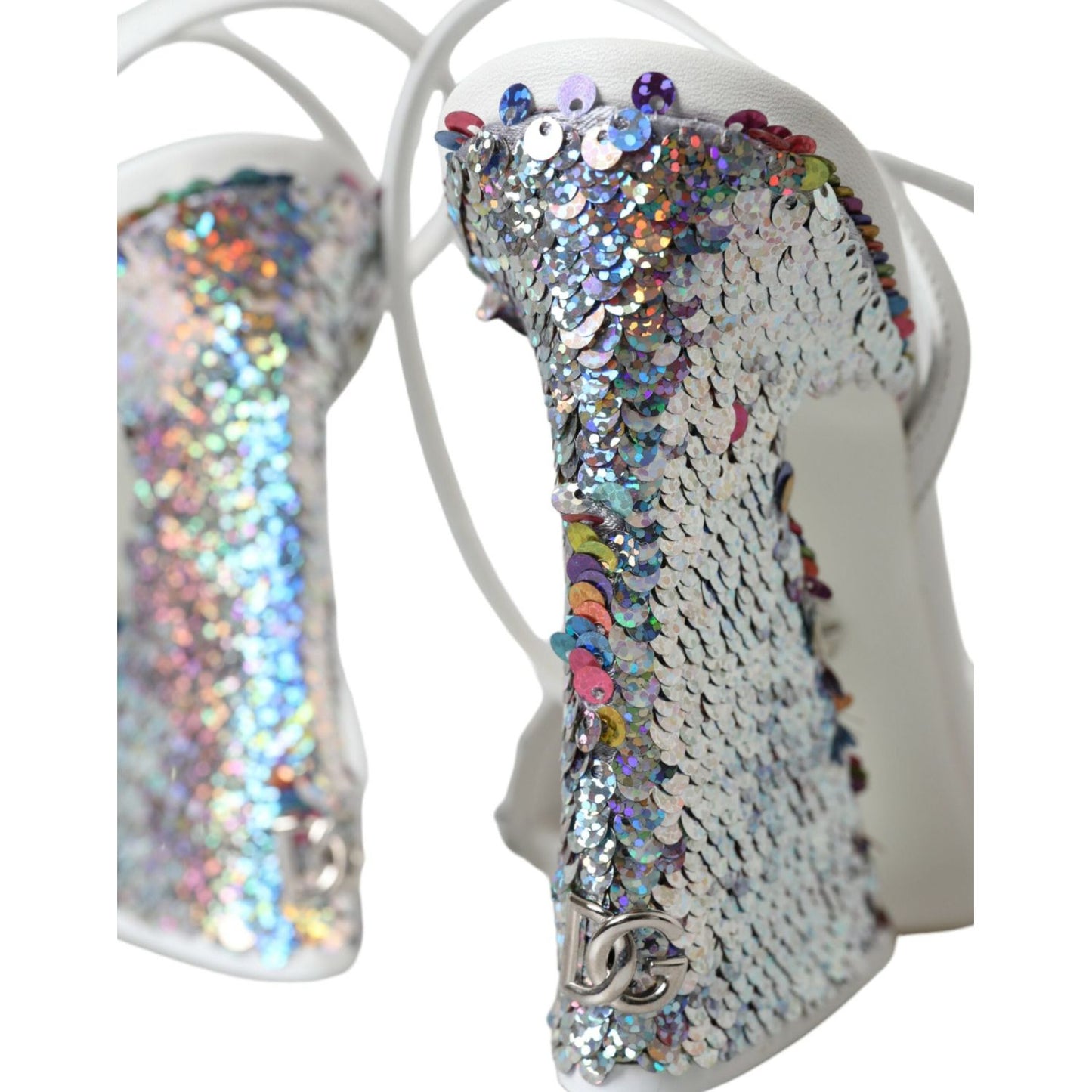 Dolce & Gabbana White Silver Sequin Ankle Strap Sandals Shoes Dolce & Gabbana Dark Gray
