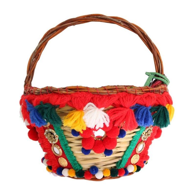 Dolce & Gabbana Elegant Beige Straw & Exotic Skins Pom Pom Tote Dolce & Gabbana Firebrick