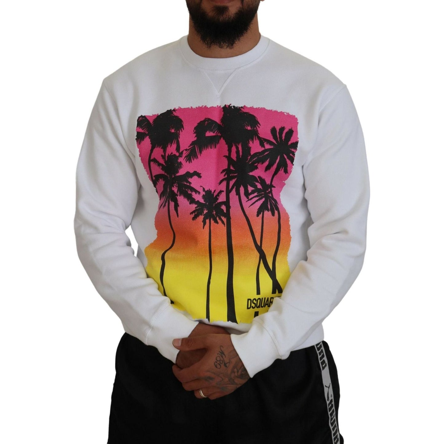 Dsquared² White Cotton Printed Long Sleeves Pullover Sweater Dsquared² Gray