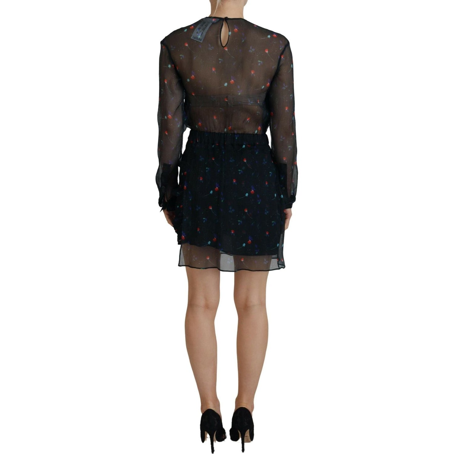 Dsquared² Black Floral Silk Long Sleeves Sheath Mini Dress Dsquared² Black