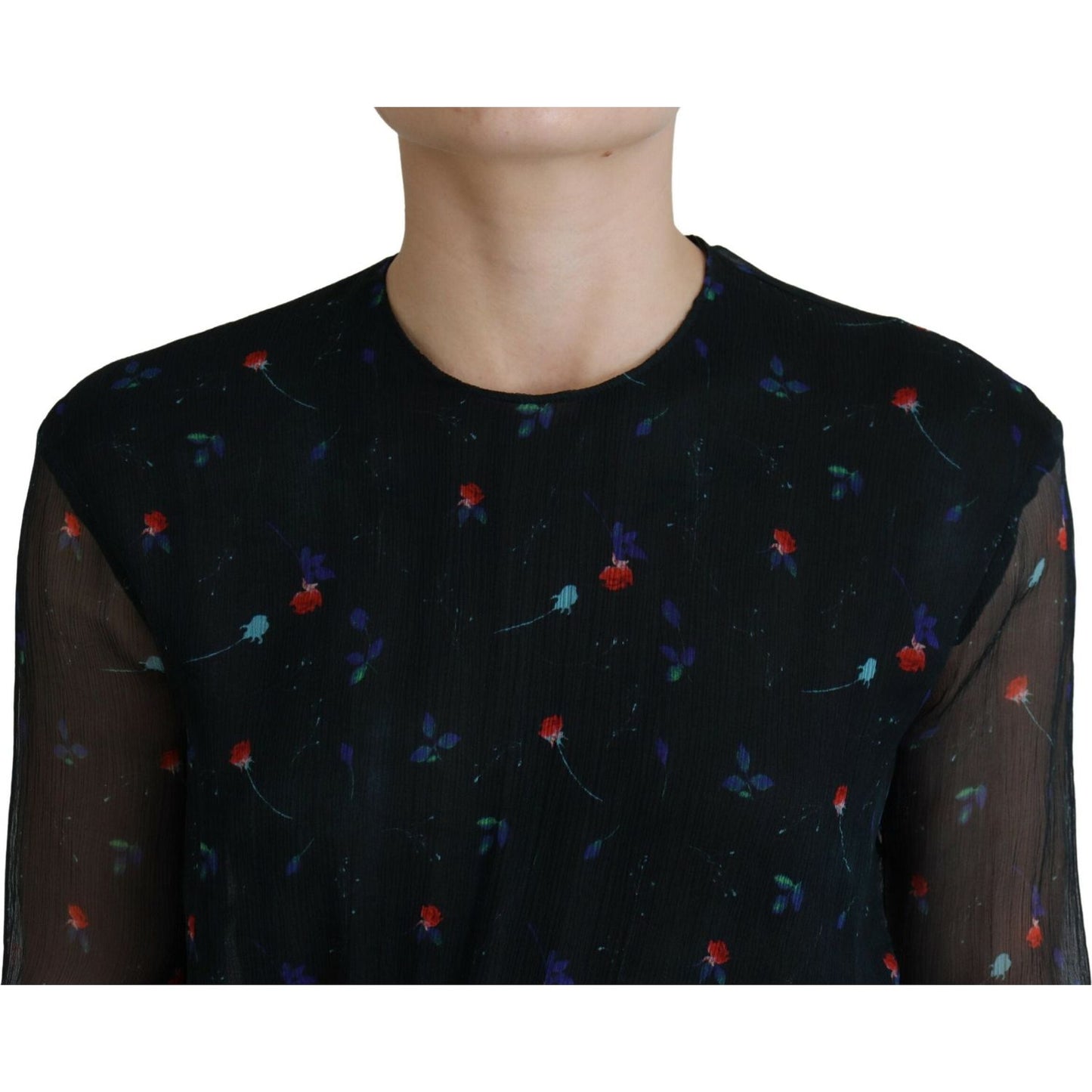 Dsquared² Black Floral Silk Long Sleeves Sheath Mini Dress Dsquared² Black