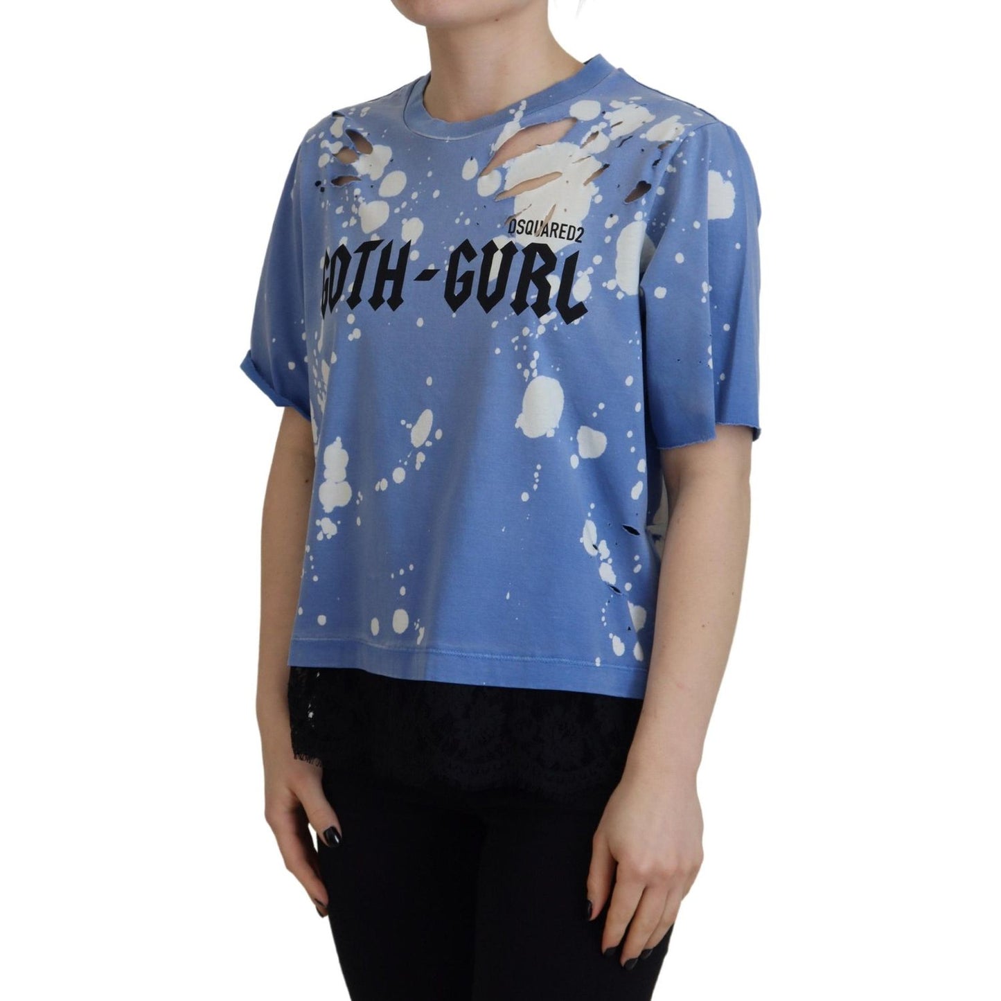 Dsquared² Blue Goth Gurl Print Black Lace Cotton Tee T-shirt Dsquared² Slate Gray