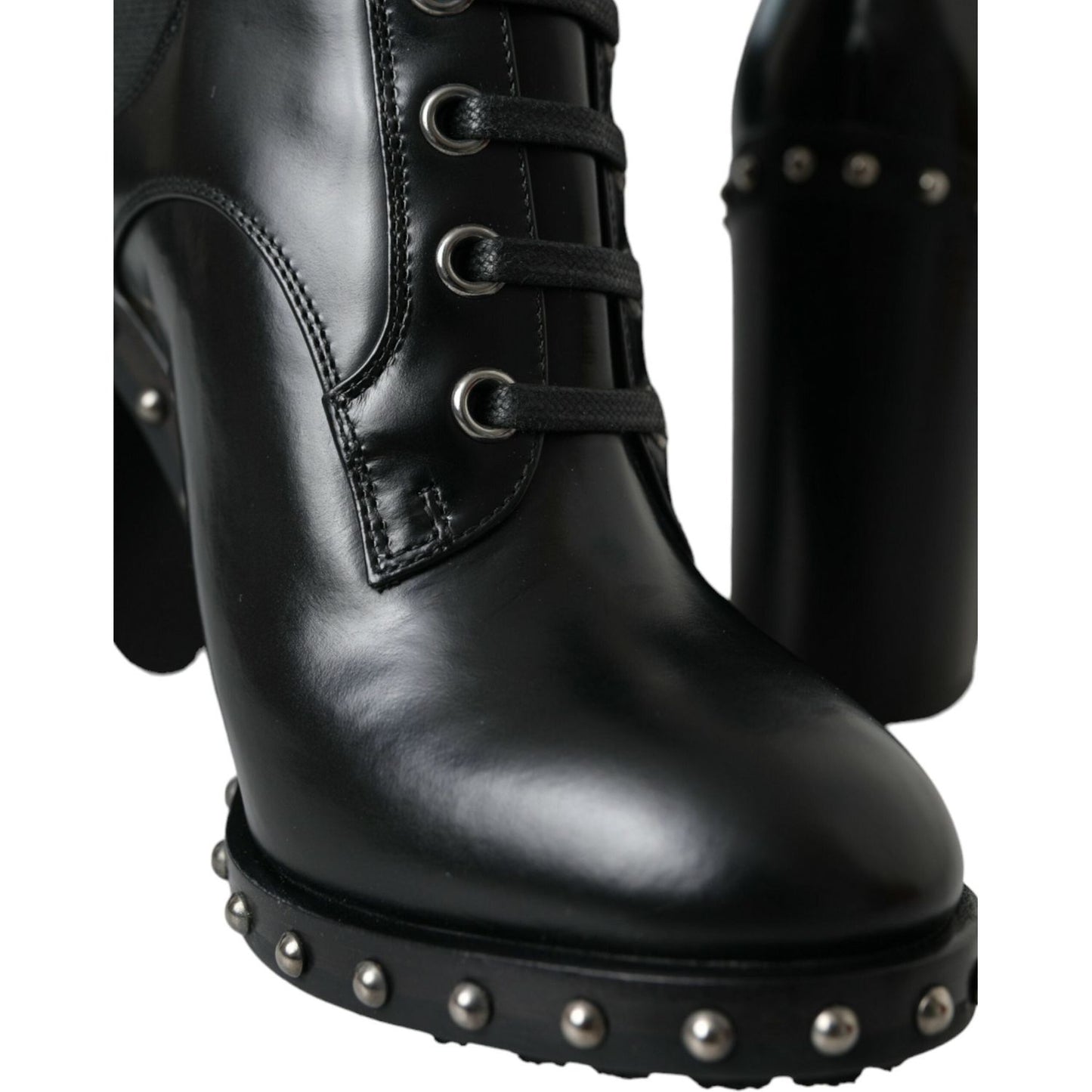 Dolce & Gabbana Black Leather Studded Lace Up Boots Shoes Dolce & Gabbana Black