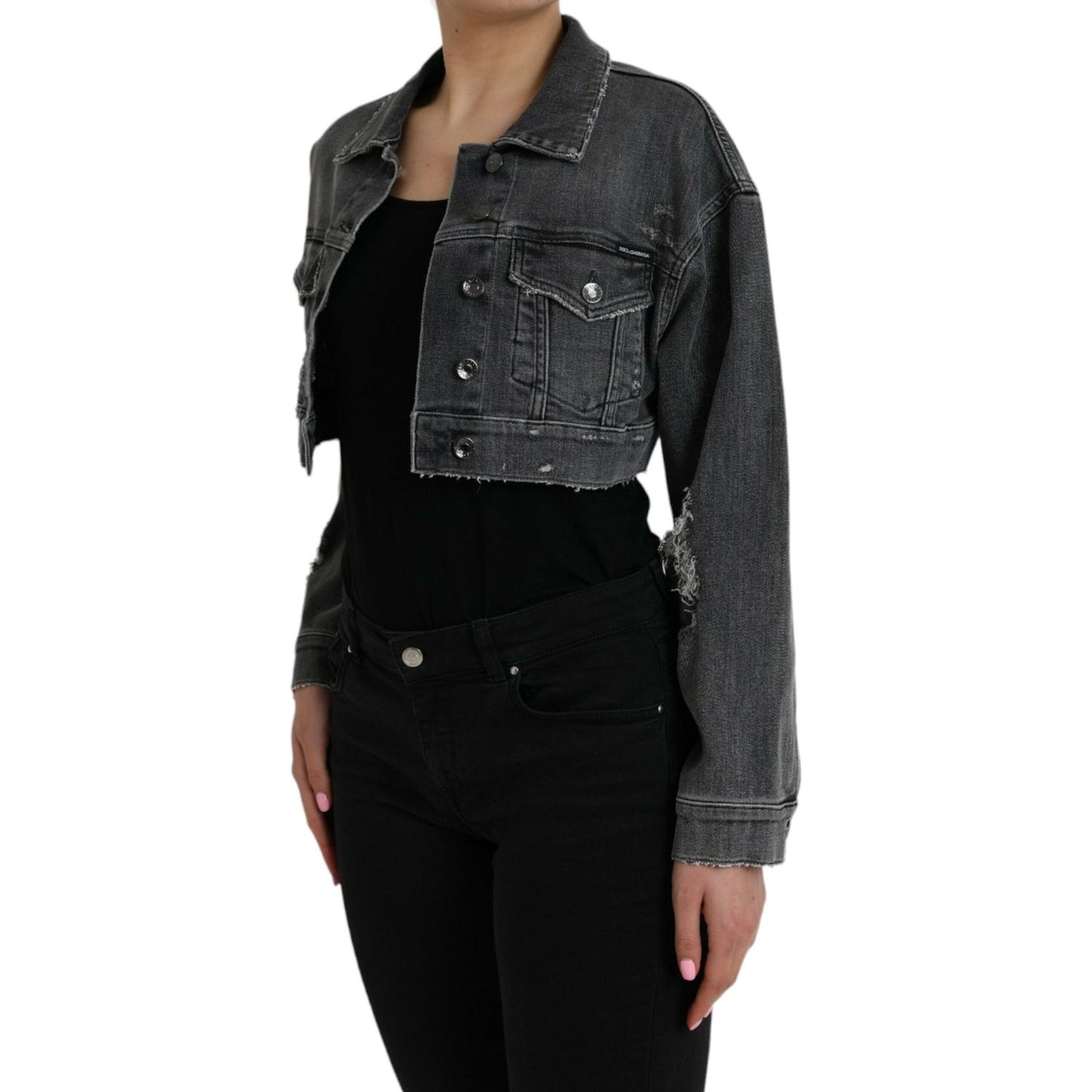 Dolce & Gabbana Dark Gray Cotton Stretch Cropped Denim Jacket Dolce & Gabbana Black